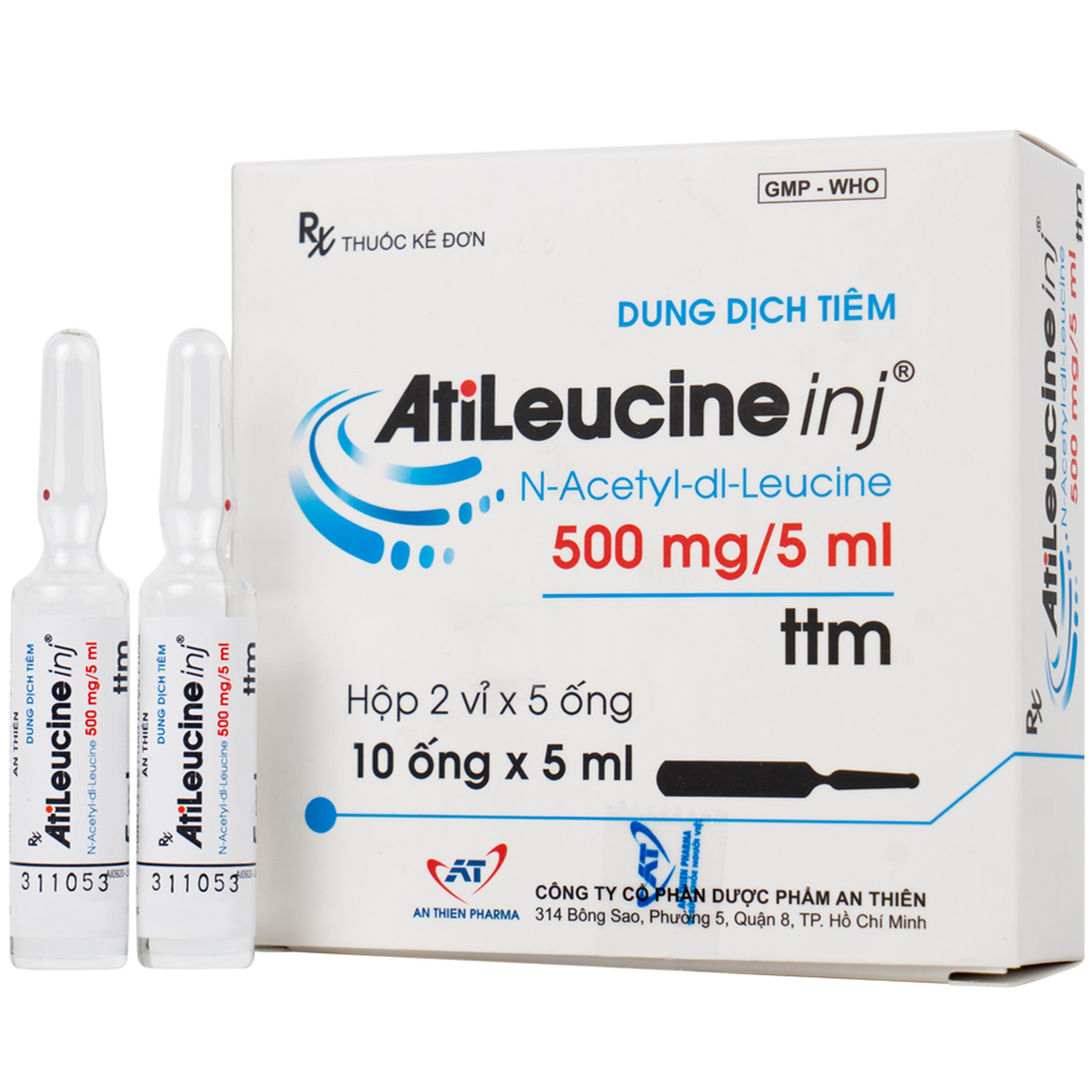 Dung dịch tiêm AtiLeucine inj 500mg/5ml An Thiên điều trị triệu chứng cơn chóng mặt (2 vỉ x 5 ống)