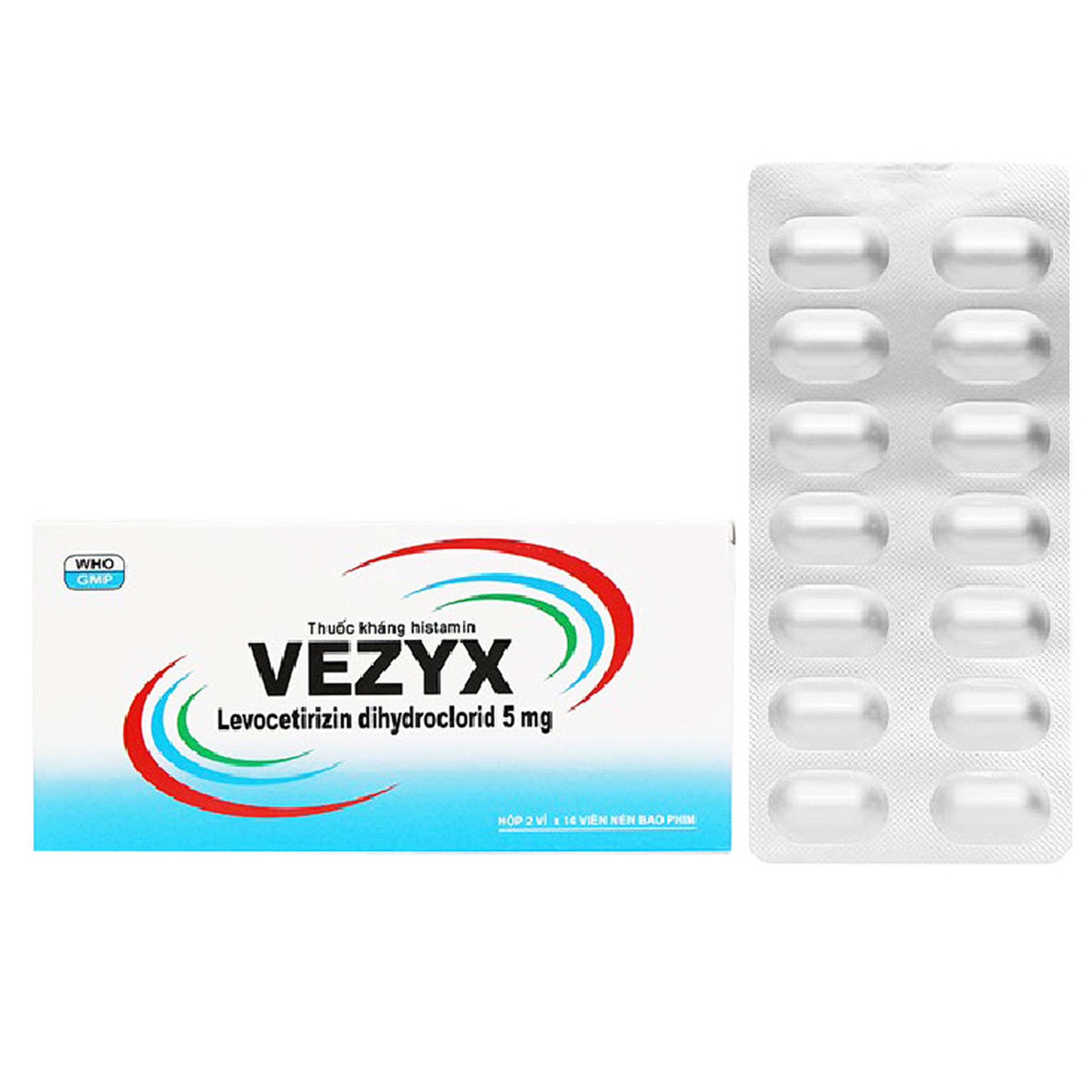 Thuốc Vezyx 5mg Davipharm điều trị viêm mũi dị ứng, mày đay (2 vỉ x 14 viên)