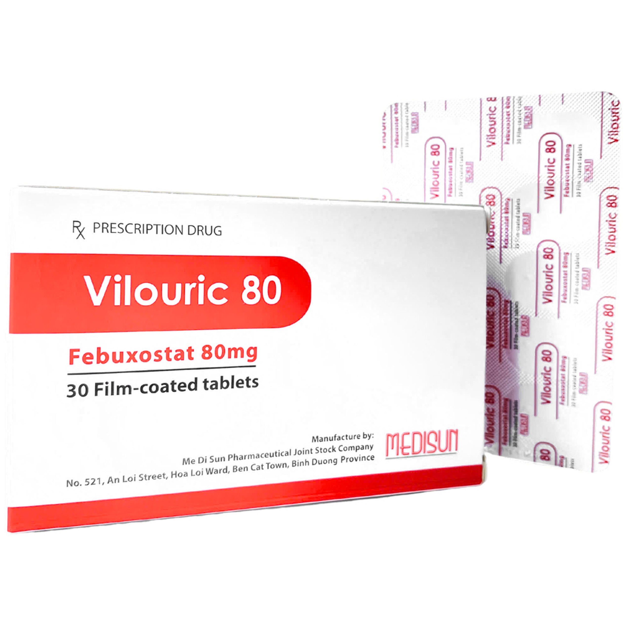 Thuốc Vilouric 80 Medisun điều trị gout do tăng acid uric huyết mạn tính (3 vỉ x 10 viên)