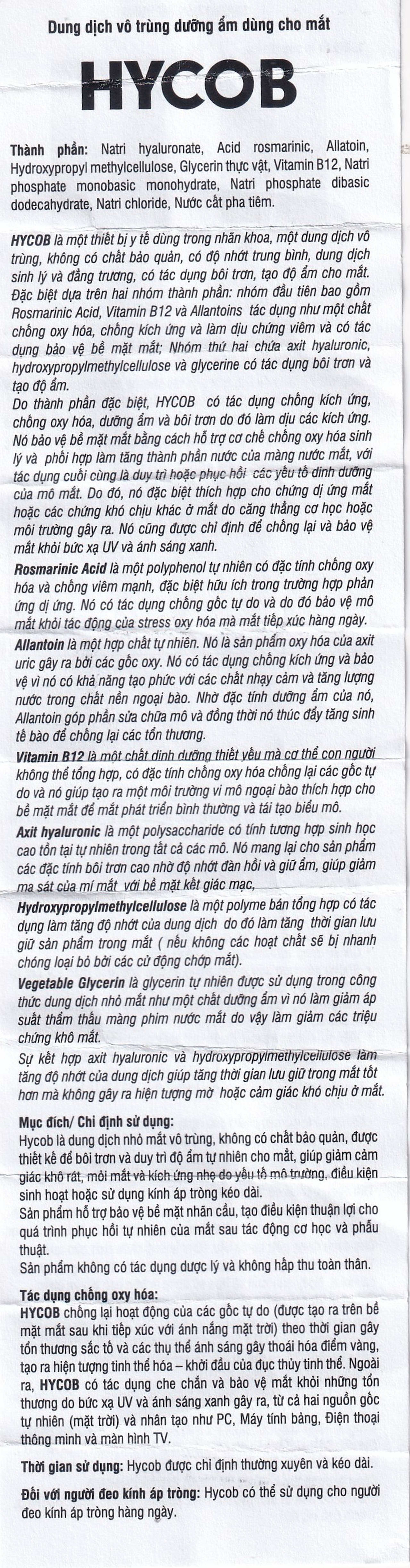 Nhỏ mắt Hycob 10ml giúp bôi trơn, tạo độ ẩm, giảm khô và mỏi mắt