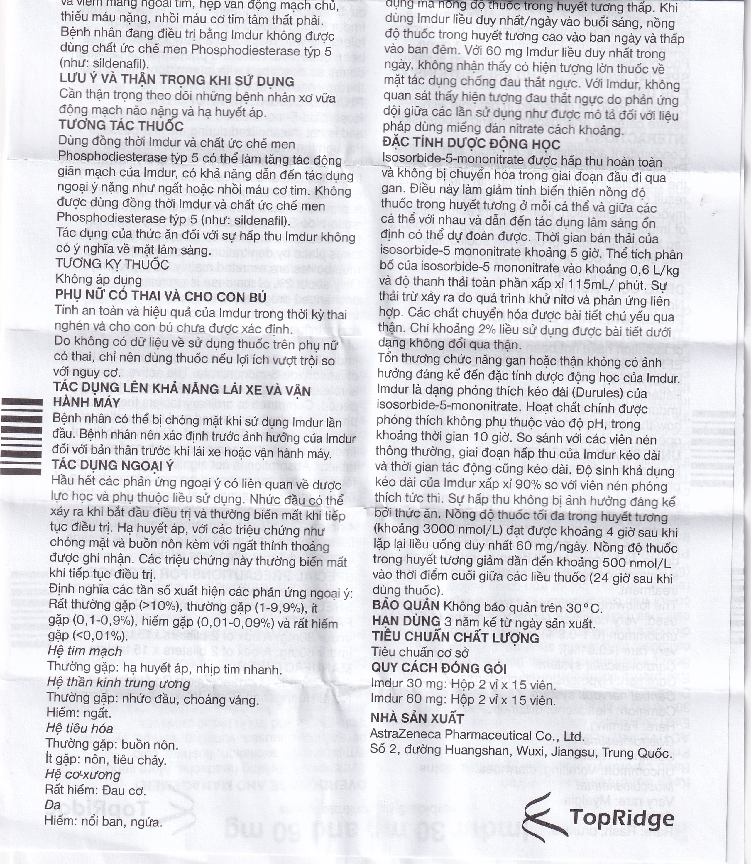 Thuốc Imdur 30mg AstraZeneca điều trị dự phòng đau thắt ngực (2 vỉ x 15 viên)