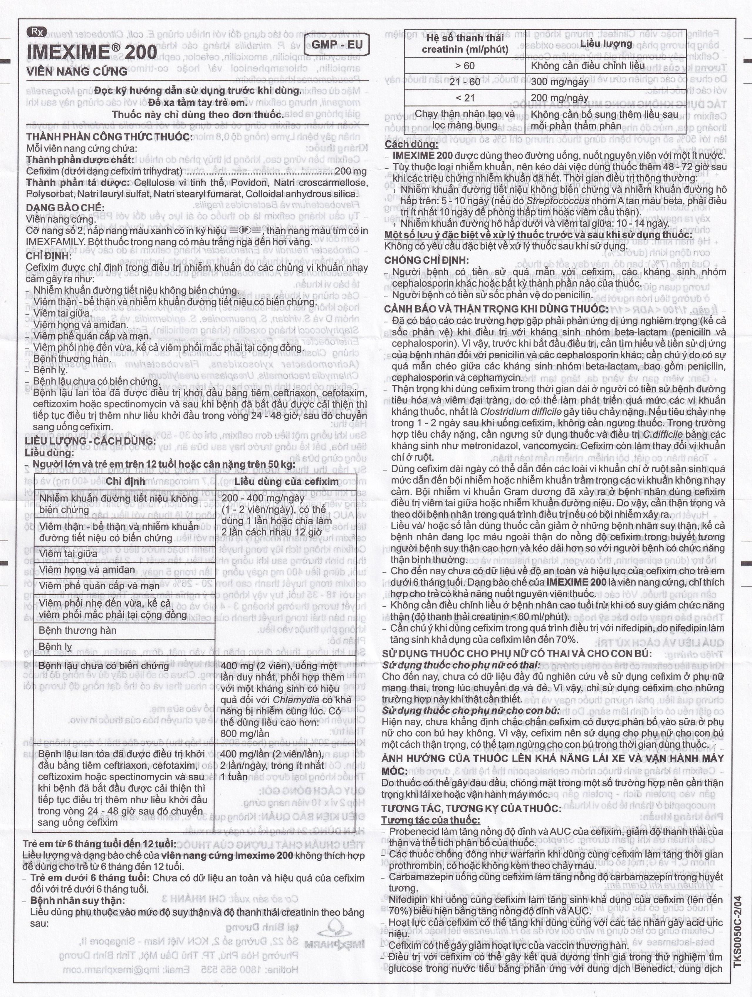 Thuốc Imexime 200 Imexpharm điều trị nhiễm khuẩn đường tiết niệu, viêm thận - bể thận (2 vỉ x 10 viên)