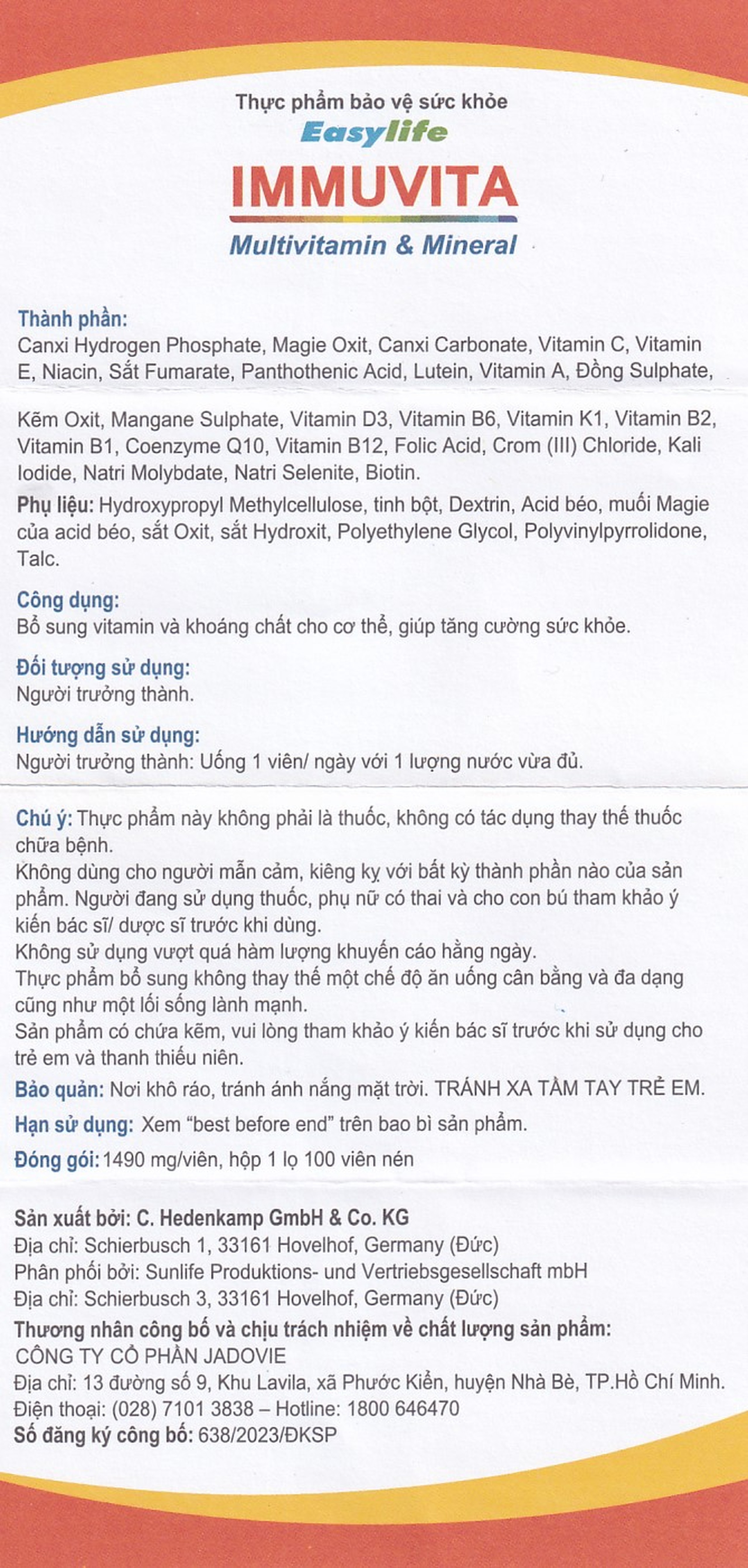 Viên uống Immuvita Easylife bổ sung vitamin và khoáng chất cho cơ thể, tăng sức khỏe (100 viên)