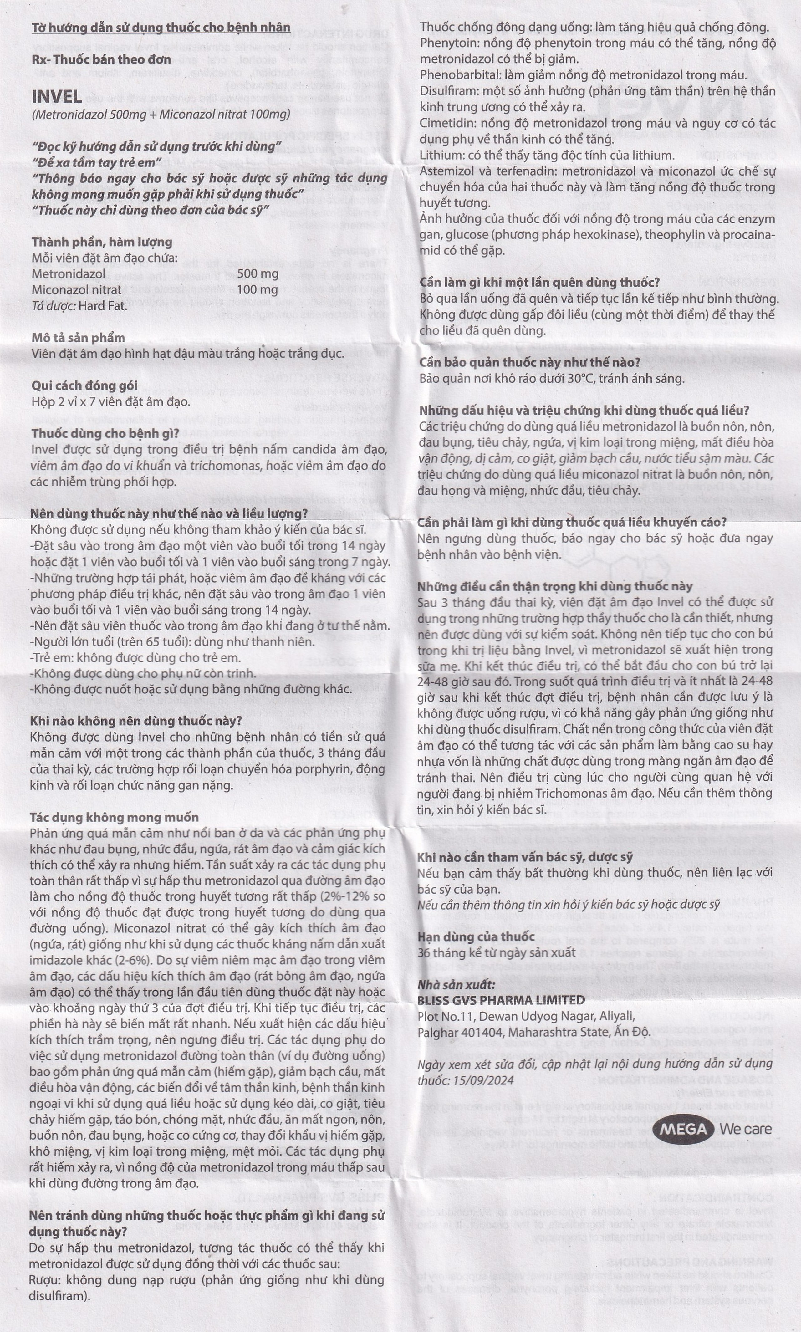 Thuốc Invel Mega Bliss GVS Pharma điều trị viêm âm đạo do nấm, vi khuẩn hoặc trichomonas (2 vỉ x 7 viên)