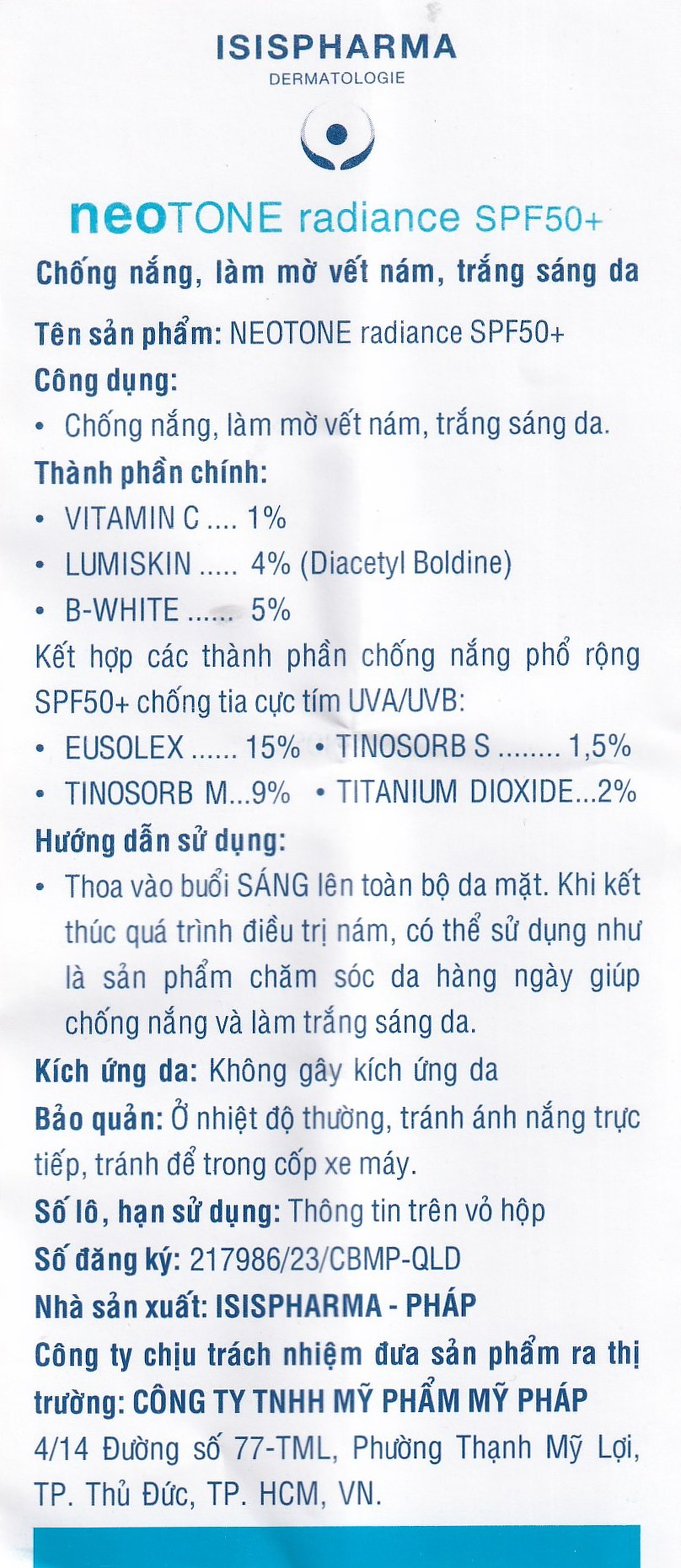 Kem chống nắng Isis Neotone Radiance SPF 50+ hỗ trợ mờ nám, làm trắng da (30ml)