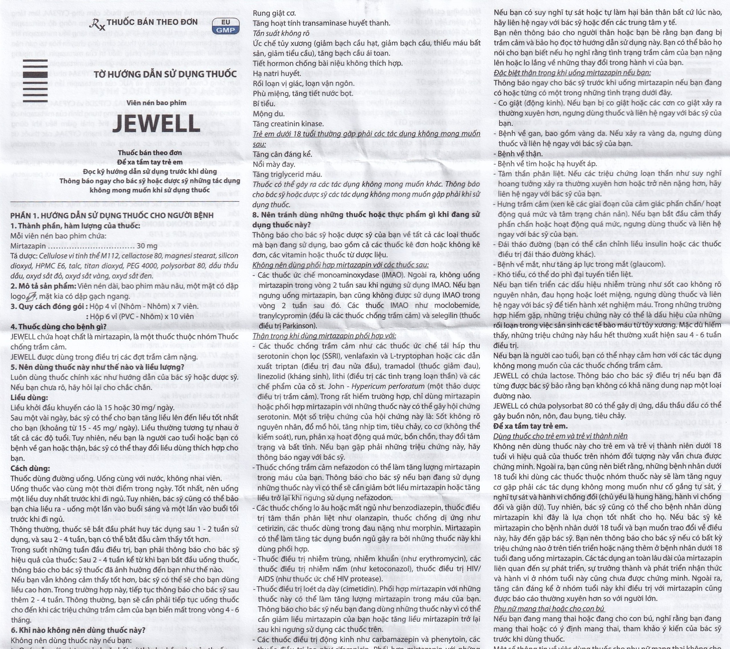 Viên nén Jewell 30mg Davipharm điều trị các đợt trầm cảm nặng (4 vỉ x 7 viên)