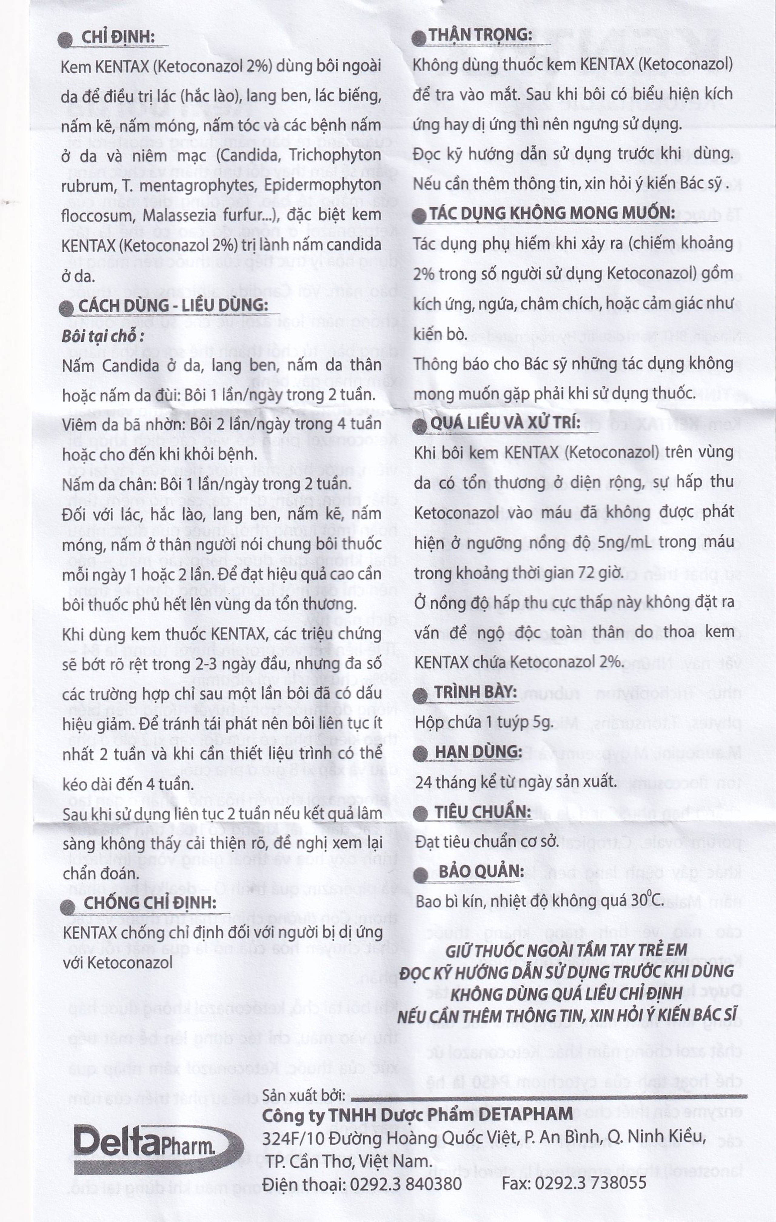 Kem bôi da Kentax Detapharm điều trị lác, lang ben, lác biếng, nấm kẽ (5g)