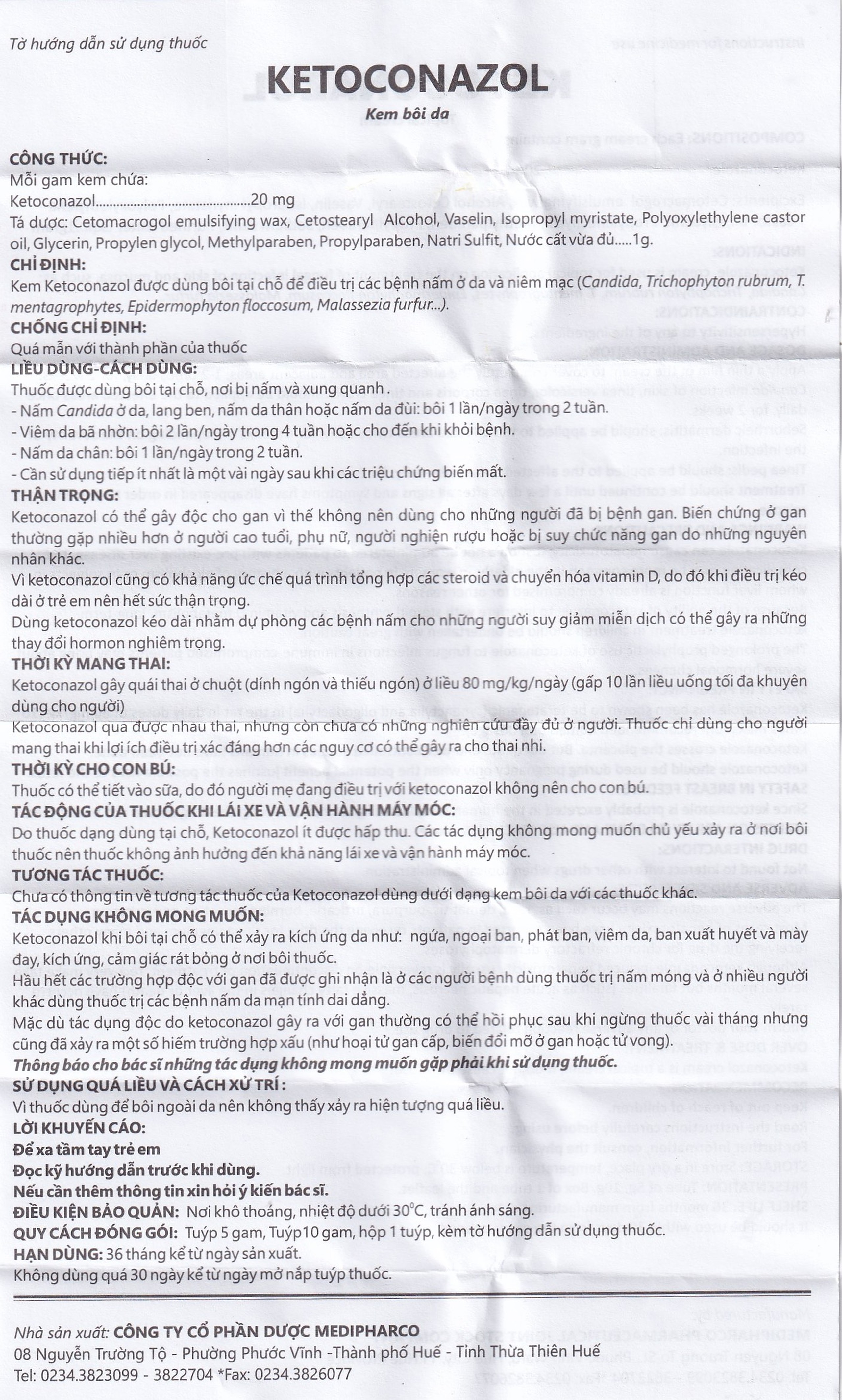 Kem bôi da Ketoconazol 2% Medipharco điều trị các bệnh nấm da và niêm mạc (10g)