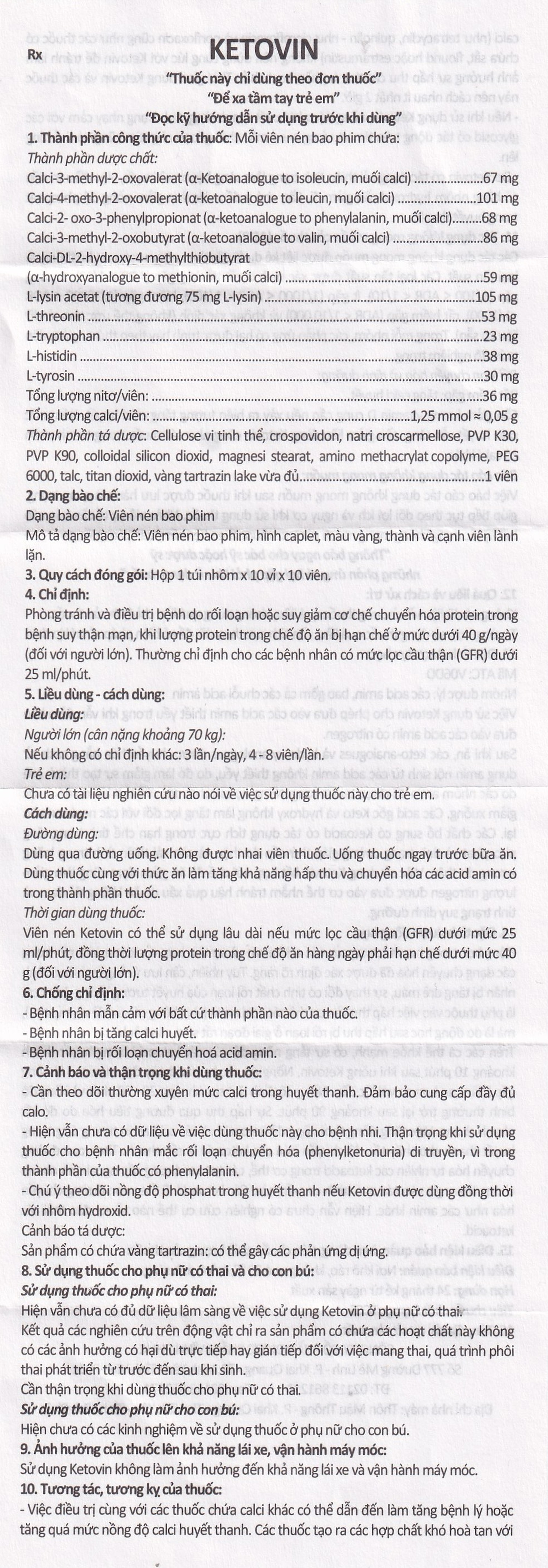 Thuốc Ketovin Vinphaco phòng ngừa và điều trị rối loạn chuyển hóa protein trong suy thận mạn (10 vỉ x 10 viên)
