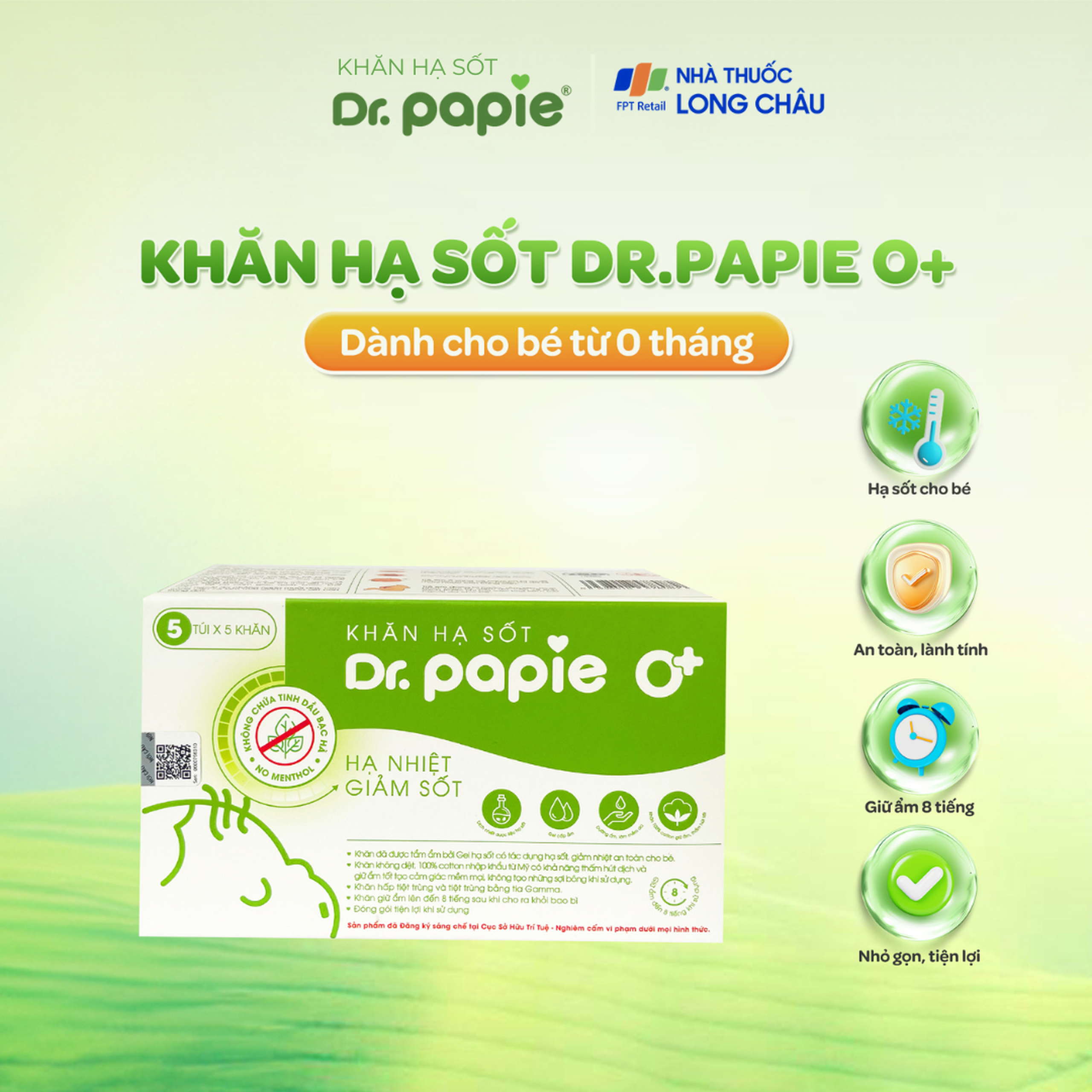 Khăn hạ sốt Dr.Papie 0+ Starmed (5 gói x 5 miếng) hạ nhiệt giảm sốt dùng cho trẻ sơ sinh