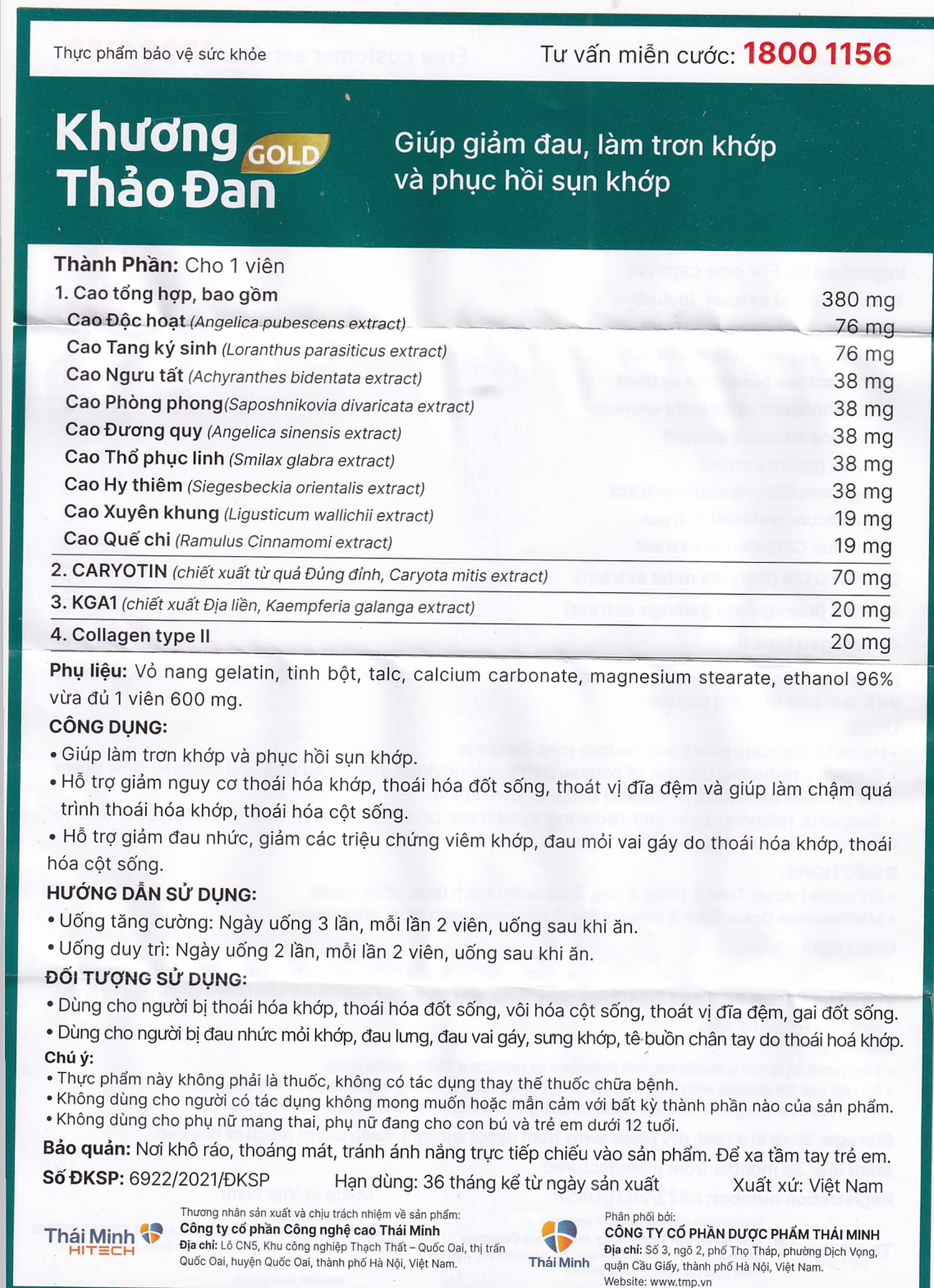 Viên uống Khương Thảo Đan Gold Thái Minh giảm đau, làm trơn khớp và phục hồi sụn khớp (120 viên)