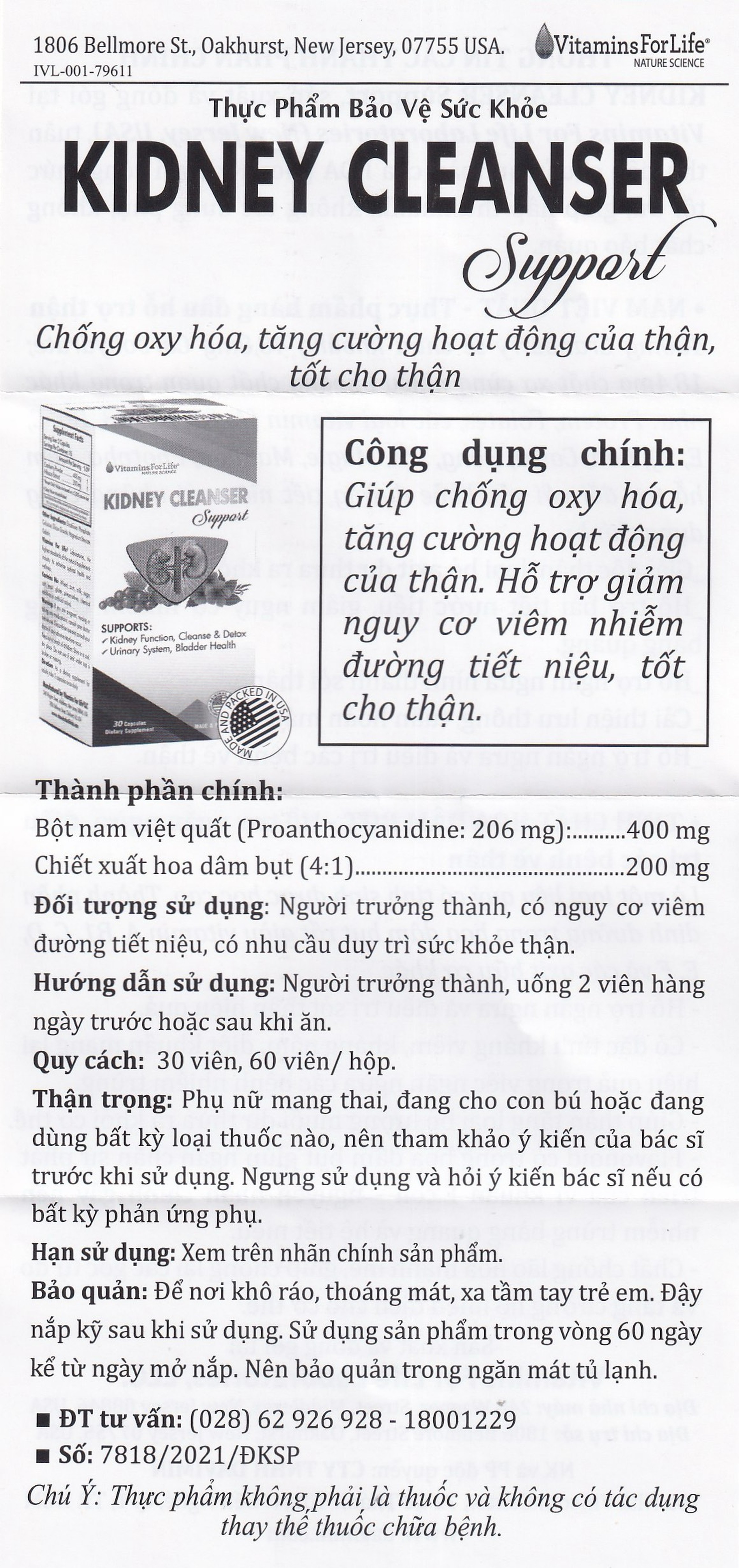 Viên uống bổ thận, hỗ trợ giảm nguy cơ viêm đường tiết niệu Kidney Cleanser Support Vitamins For Life (30 viên)