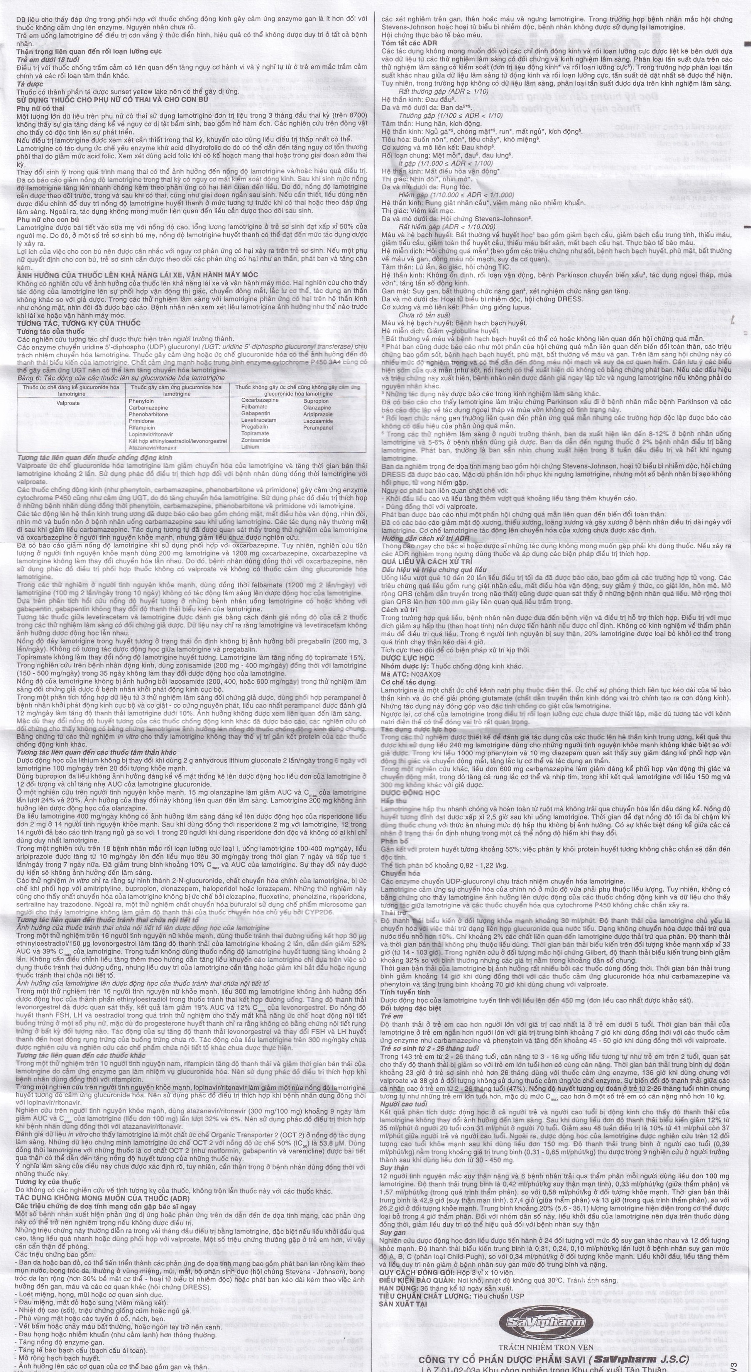 Viên nén Lamotrigine 50mg SaVi điều trị động kinh (3 vỉ x 10 viên)