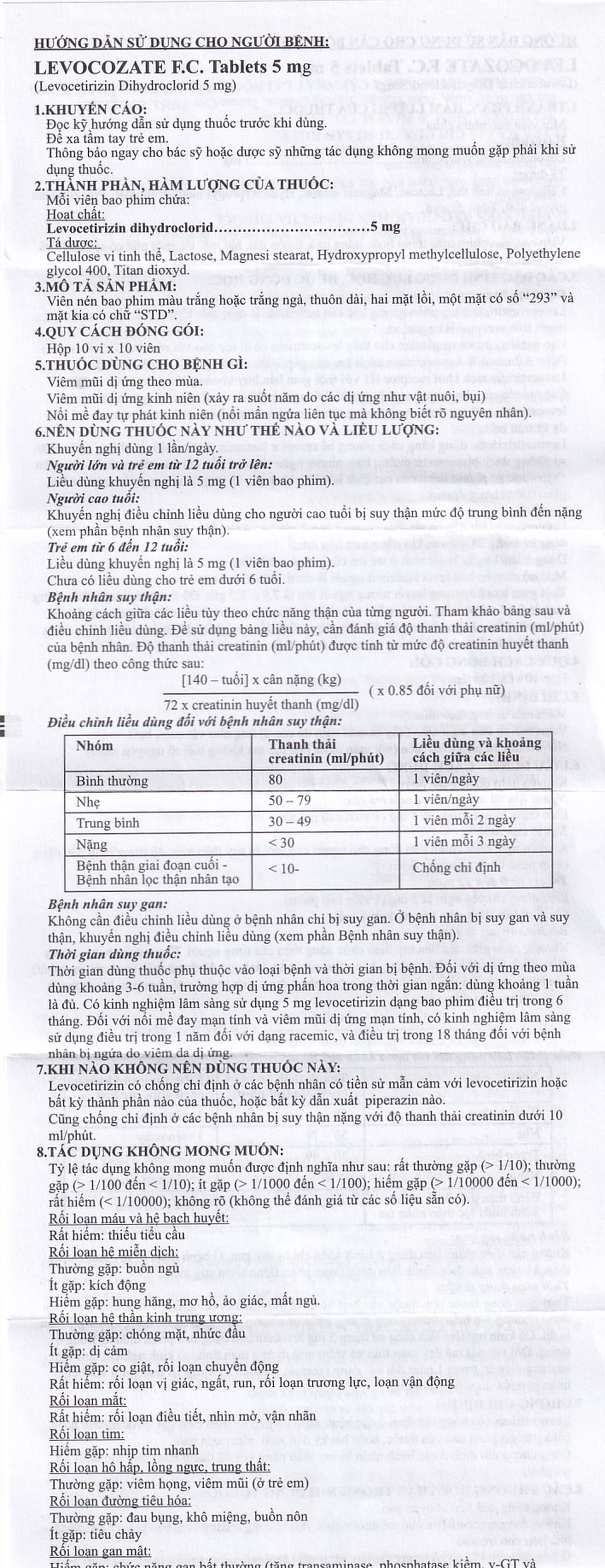 Thuốc Levocozate 5mg dùng trong điều trị viêm mũi dị ứng theo mùa, dị ứng kinh niên, nổi mề đay tự phát (10 vỉ x 10 viên)  