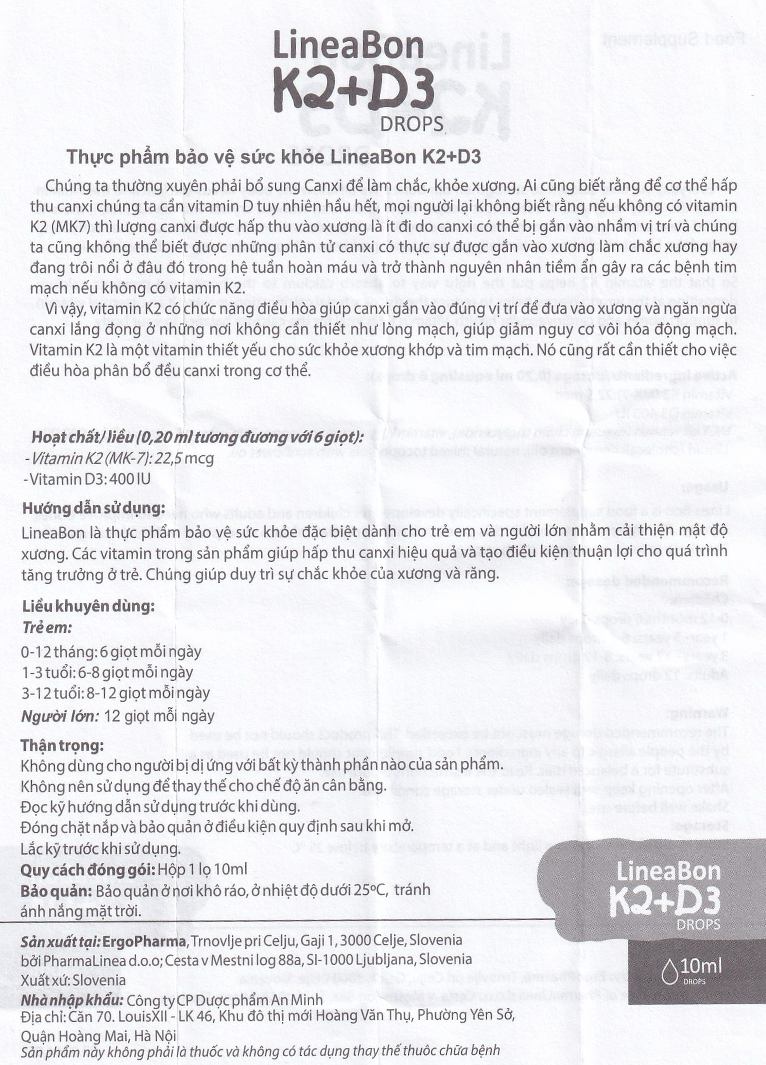Dung dịch LineaBon K2+D3 ErgoPharm hỗ trợ bổ sung Vitamin (10ml)