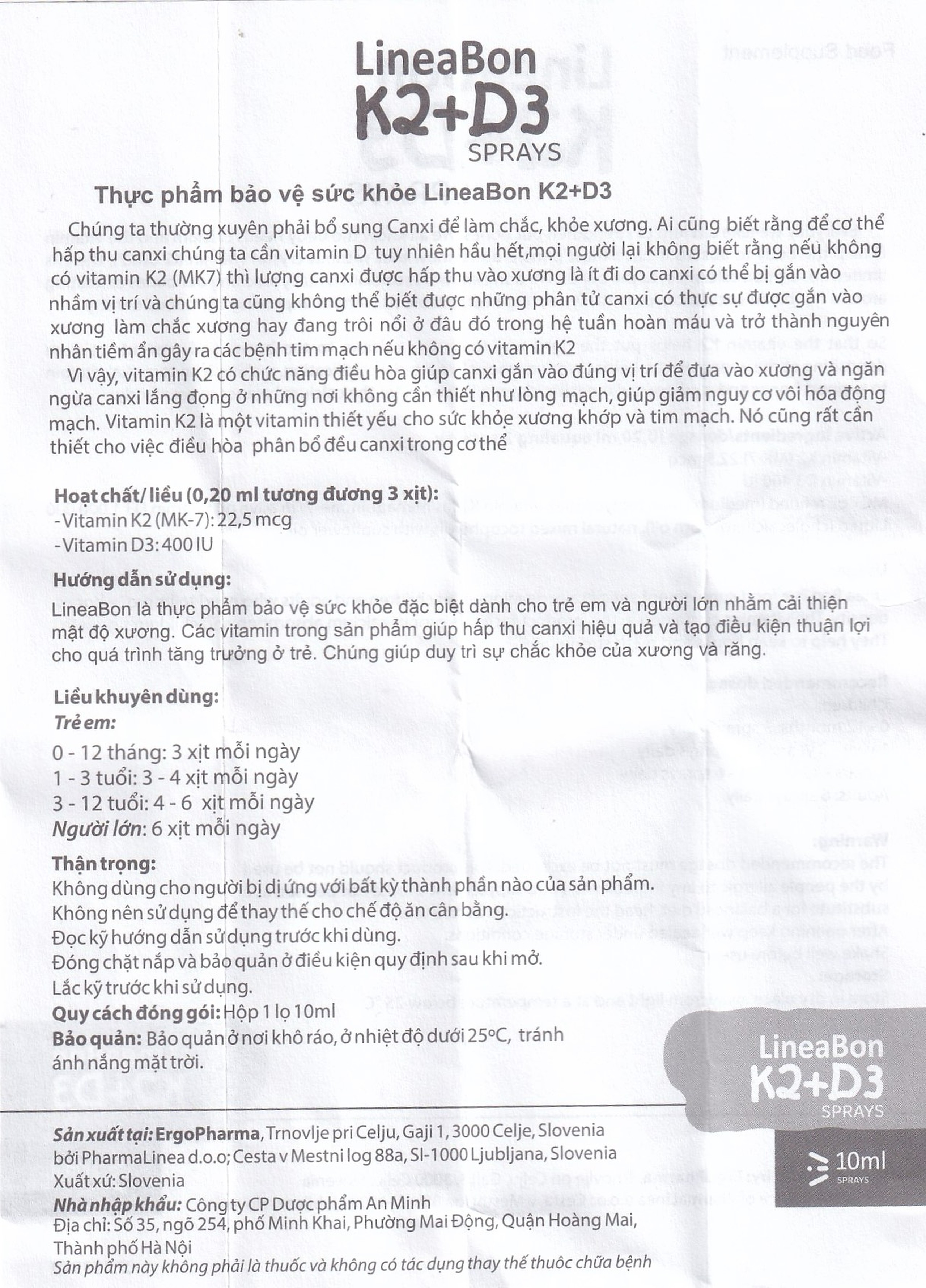 Dung dịch dạng xịt LineaBon K2+D3 10ml bổ sung Vitamin D3 và Vitamin K2, hỗ trợ hấp thu canxi