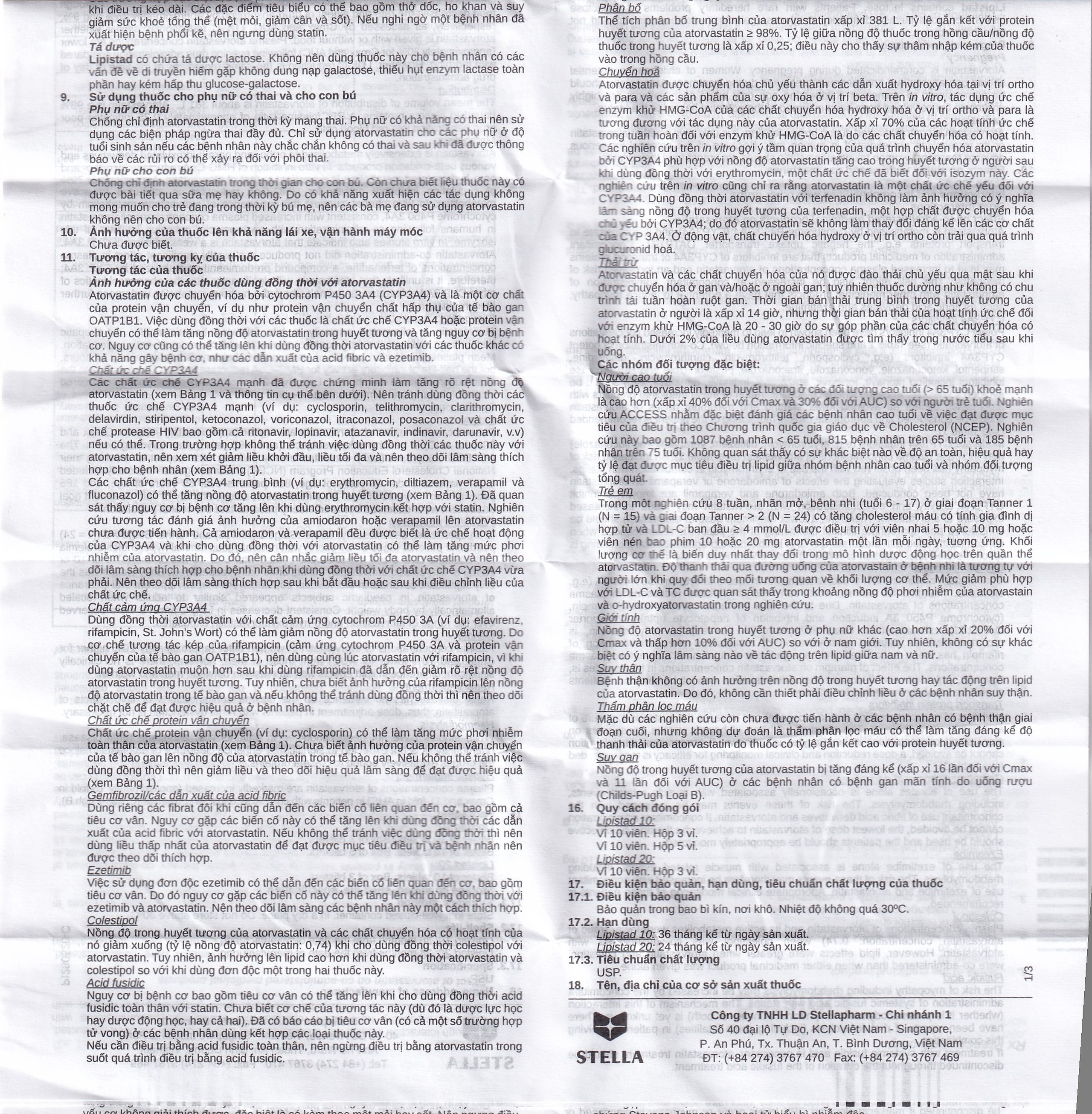 Viên nén Lipistad 20 Stella điều trị tăng cholesterol máu (3 vỉ x 10 viên)