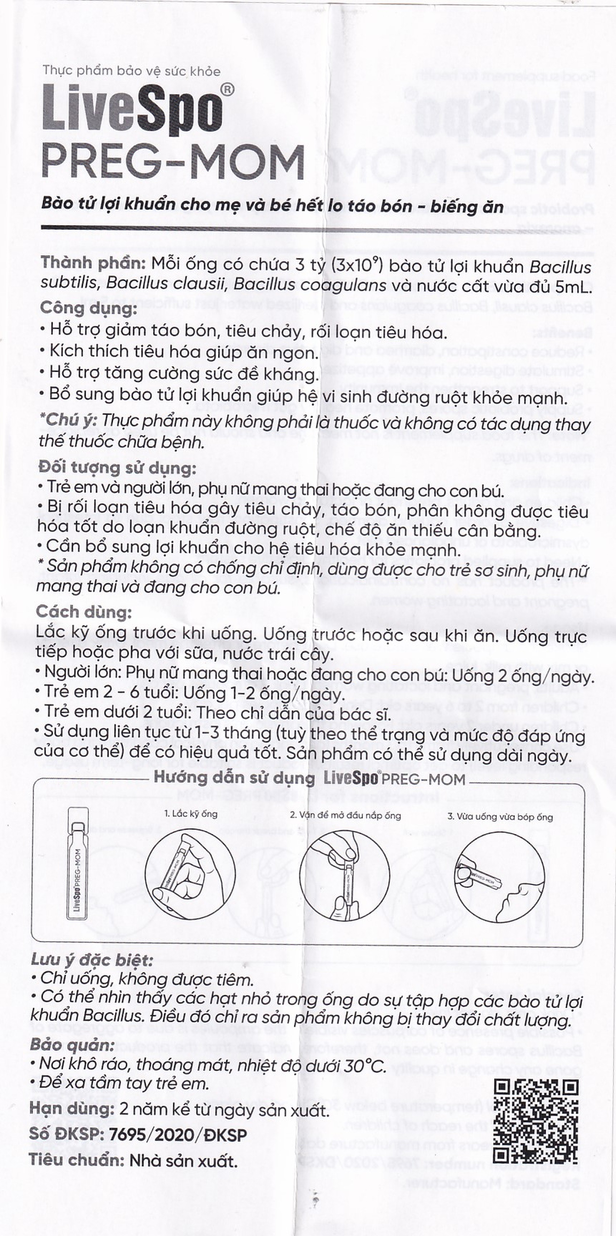 Bào tử lợi khuẩn LiveSpo PREG-MOM bổ sung lợi khuẩn đường ruột (20 ống x 5ml)