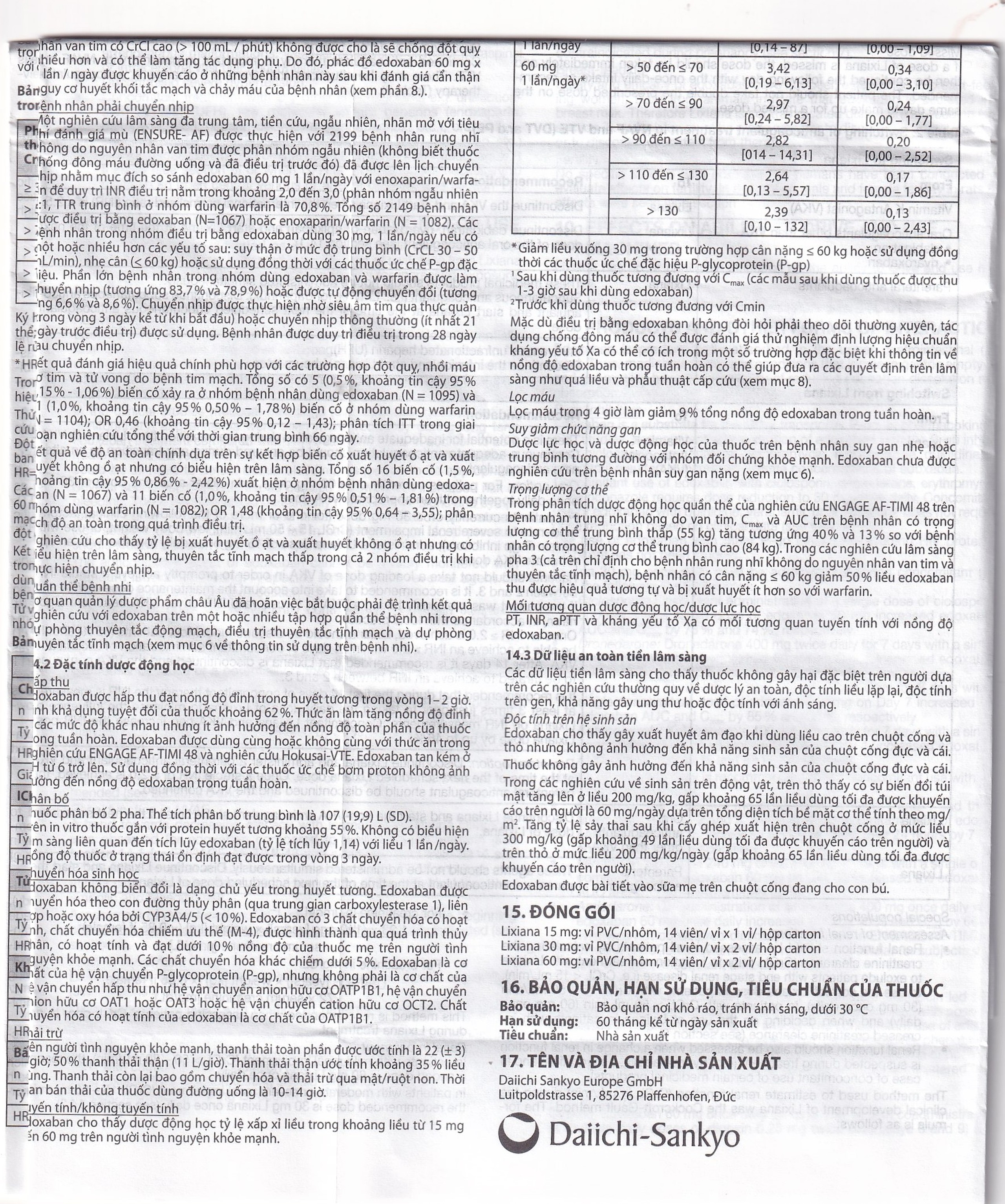 Thuốc Lixiana 60mg Daiichi-Sankyo phòng ngừa đột quỵ và cục máu đông (2 vỉ x 14 viên)
