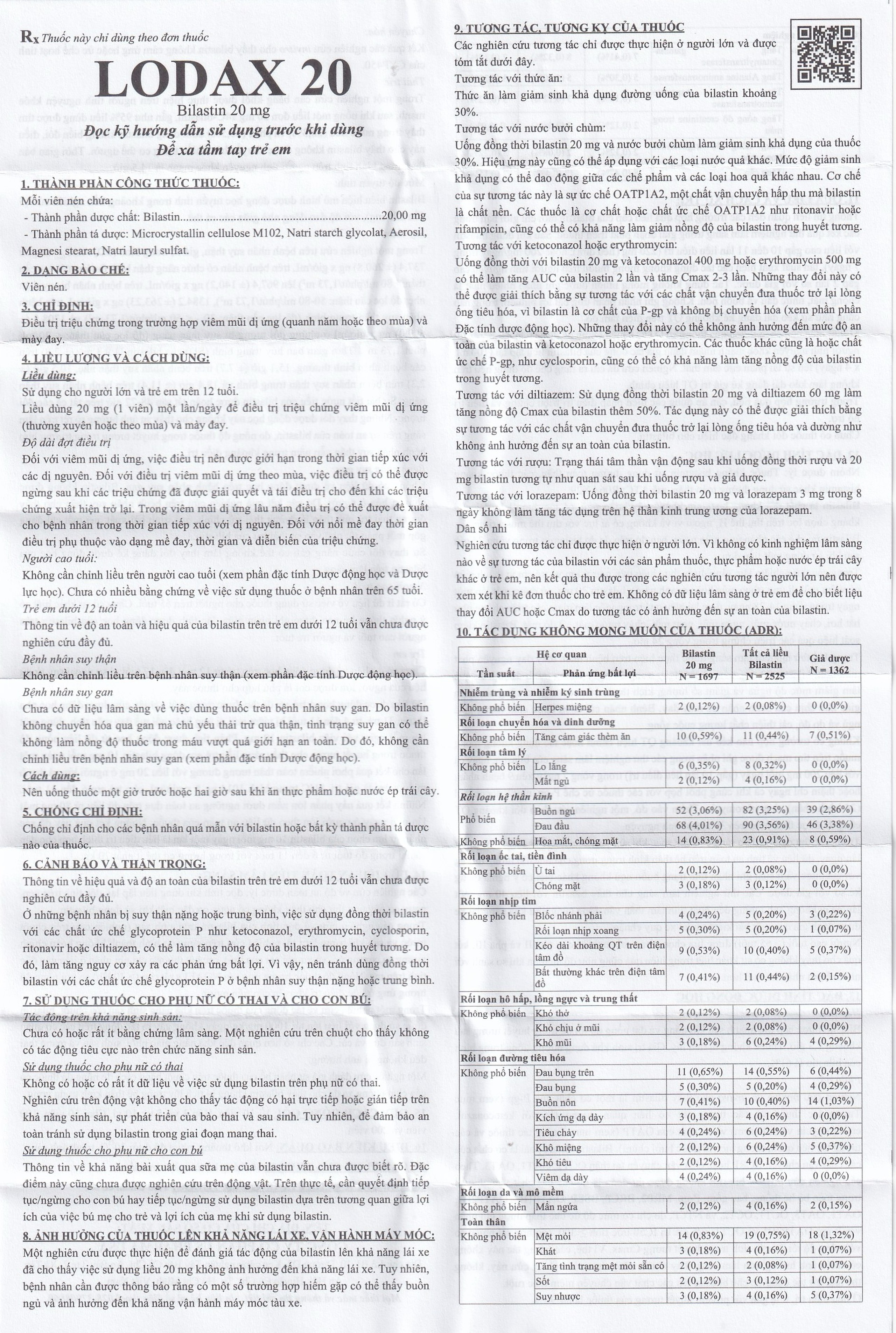 Thuốc Lodax 20mg USP điều trị triệu chứng trong trường hợp viêm mũi dị ứng và mày đay (3 vỉ x 10 viên)