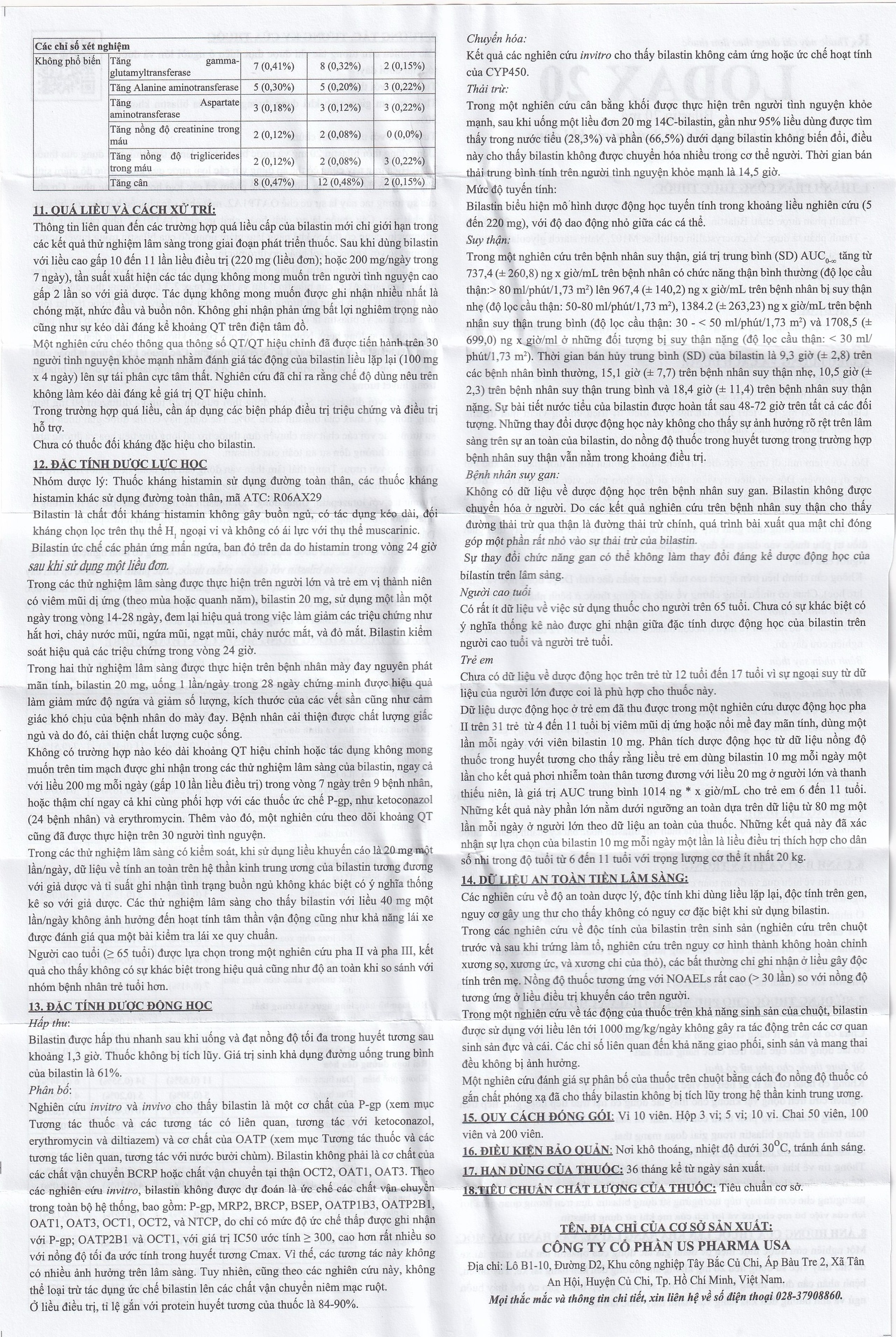 Thuốc Lodax 20mg USP điều trị triệu chứng trong trường hợp viêm mũi dị ứng và mày đay (3 vỉ x 10 viên)