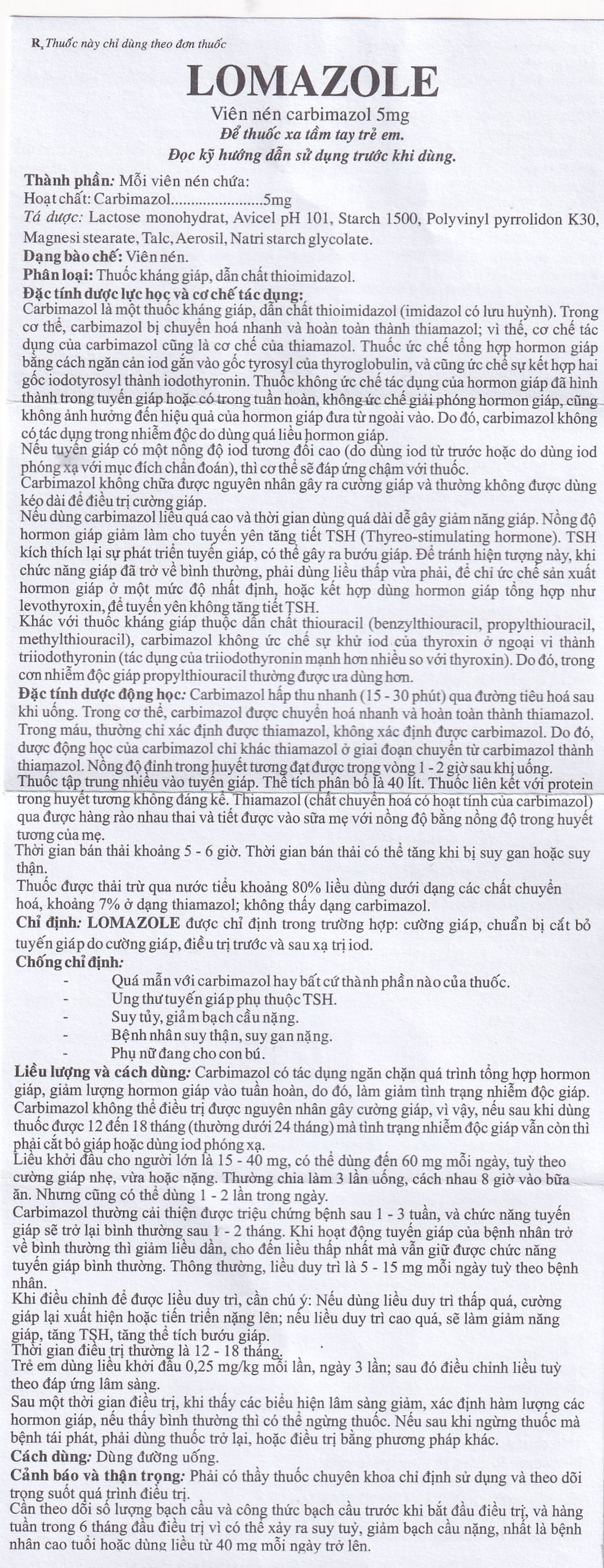 Thuốc Lomazole 5mg US Pharma điều trị bệnh Basedow, nhiễm độc tuyến giáp, cường giáp khi thai nghén (10 vỉ x 10 viên)