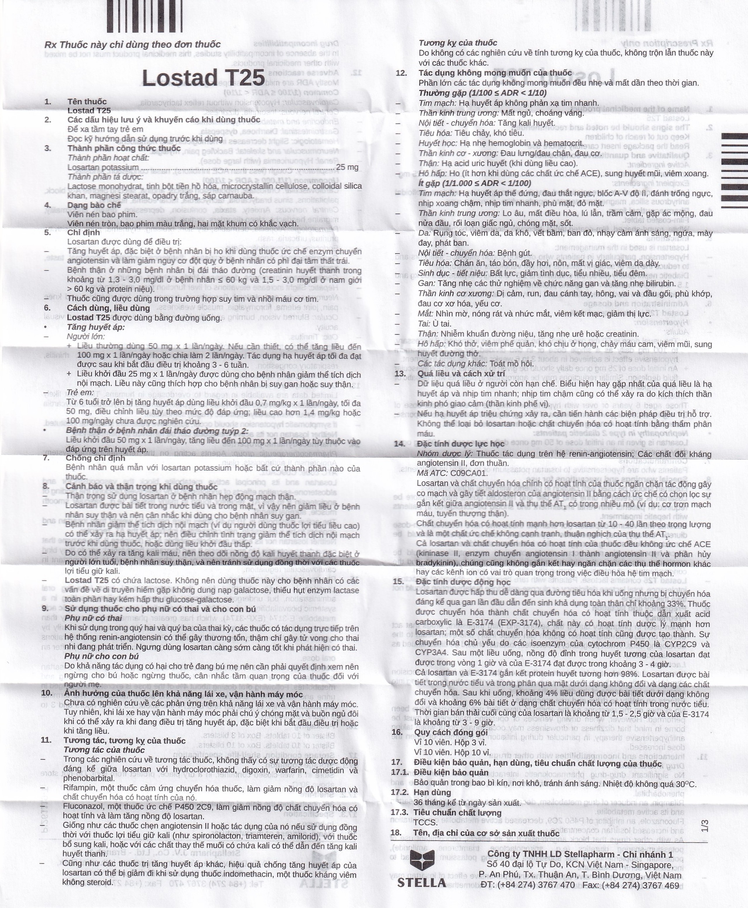 Thuốc Lostad T25 25mg Stella điều trị tăng huyết áp (3 vỉ x 10 viên)