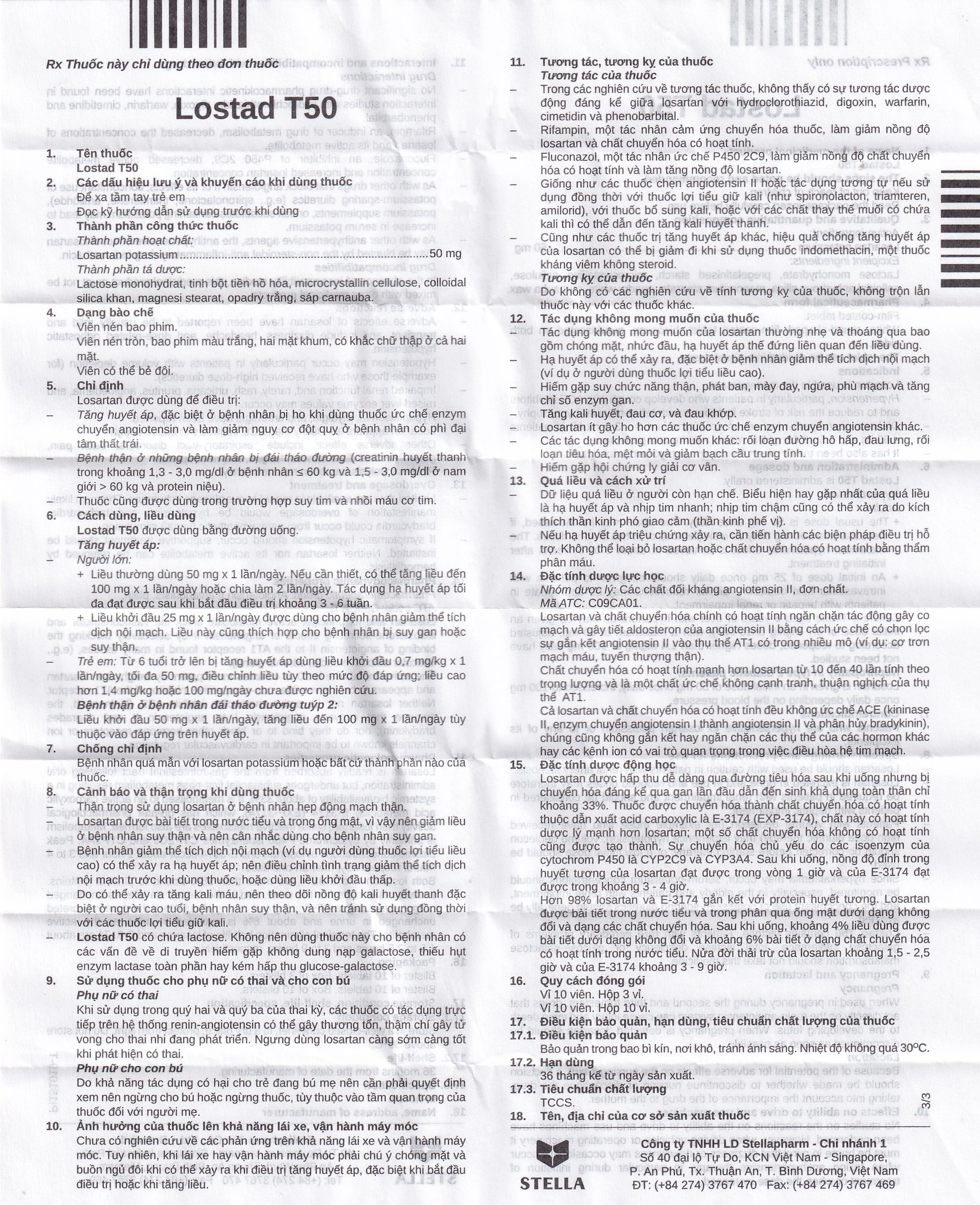 Thuốc Lostad T50 50mg Stella điều trị tăng huyết áp (3 vỉ x 10 viên)