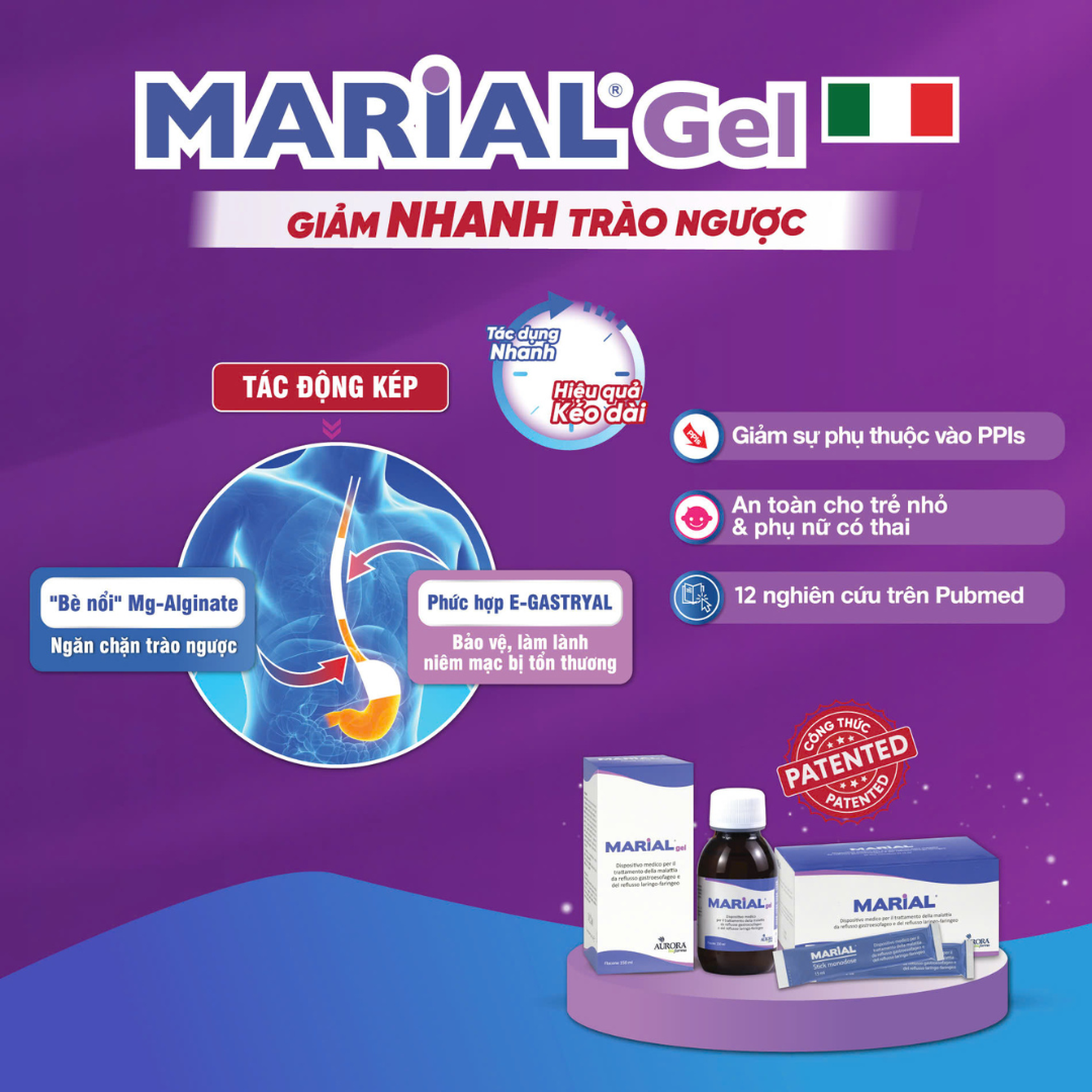 Marial Gel 150ml chống trào ngược dạ dày thực quản, ợ chua, khó tiêu, bảo vệ và tái tạo phục hồi niêm mạc họng
