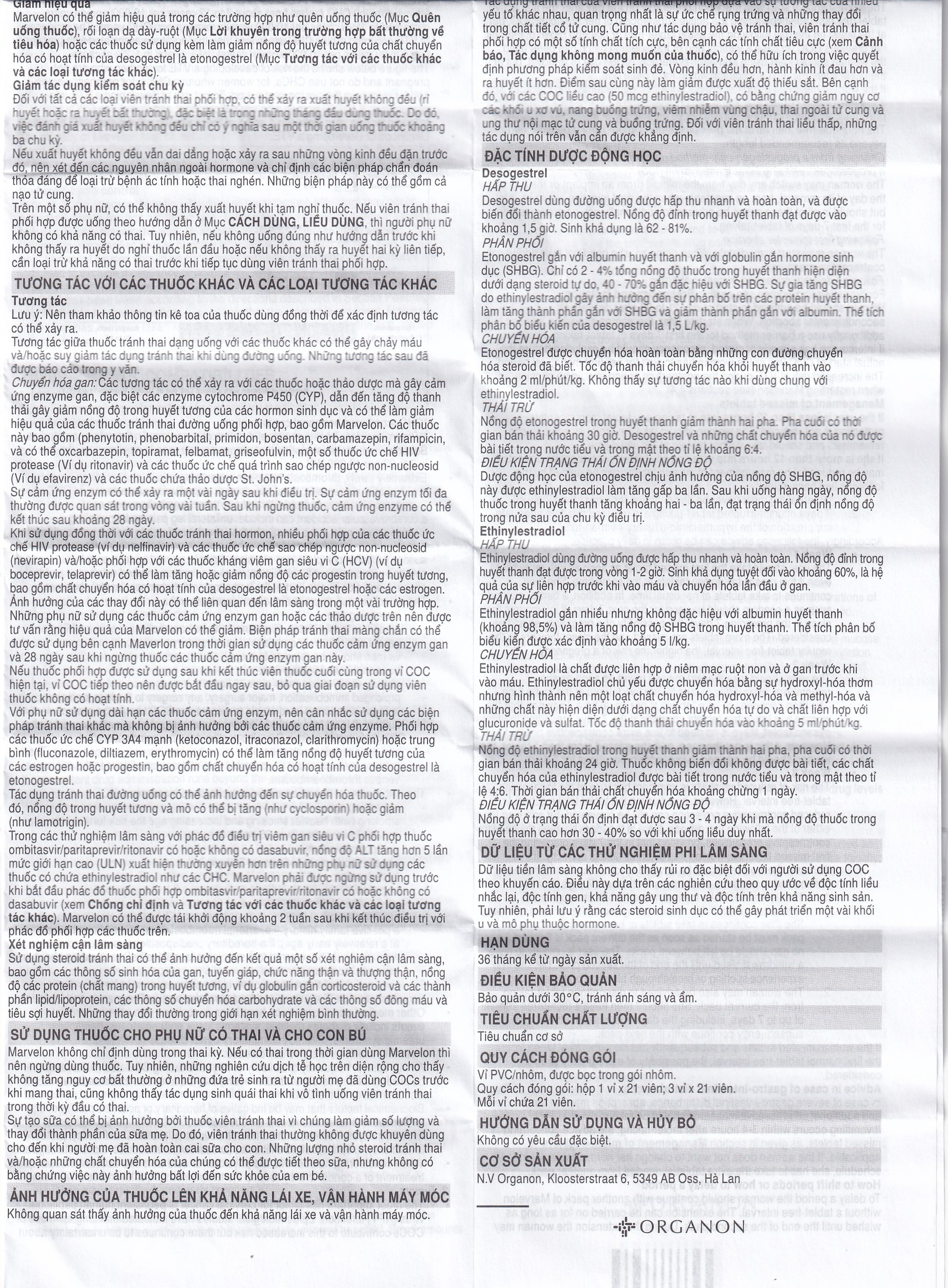 Thuốc tránh thai Marvelon Organon (21 viên)