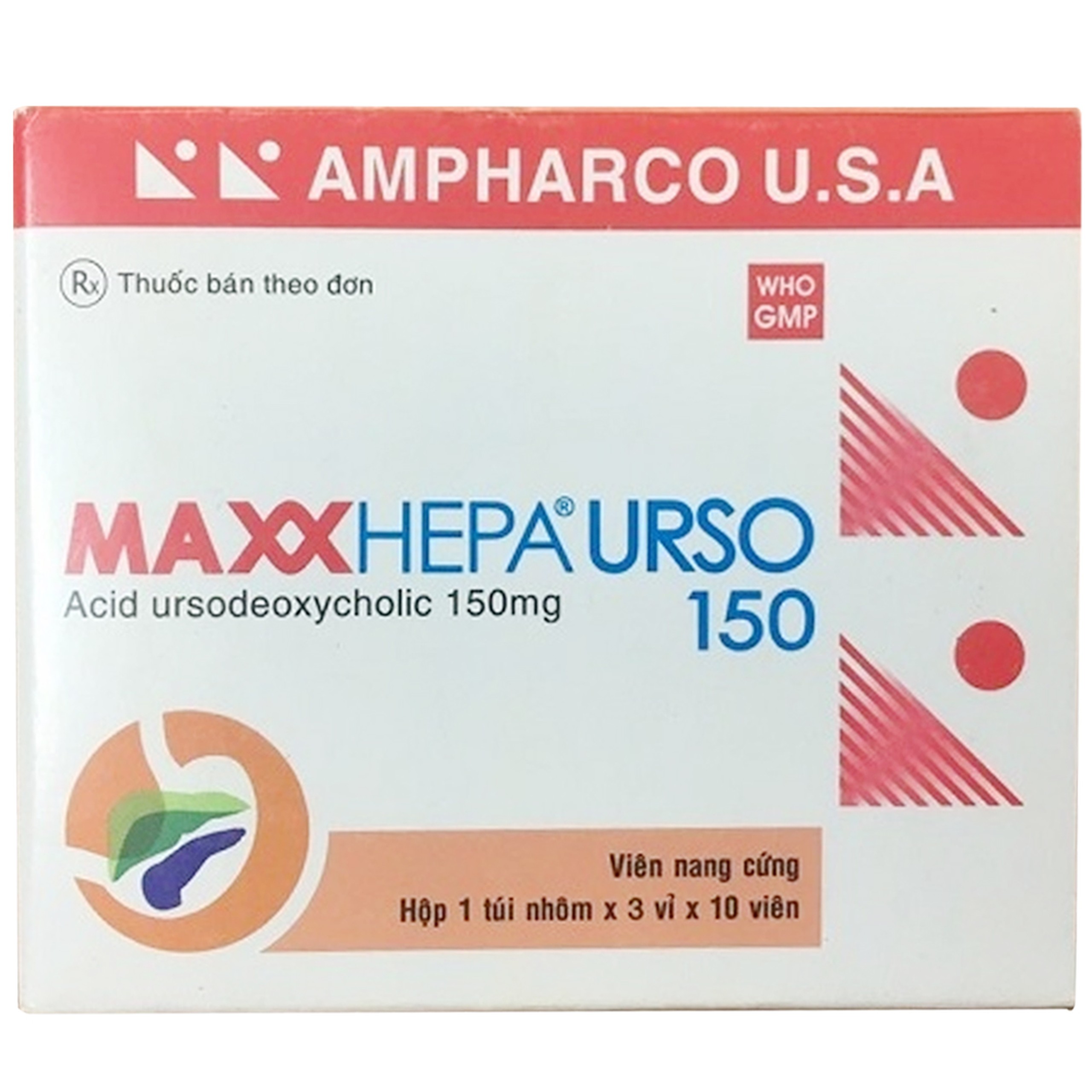 Thuốc Maxxhepa Urso 150 Ampharco điều trị xơ gan do mật nguyên phát, tan sỏi túi mật cholesterol (3 vỉ x 10 viên)