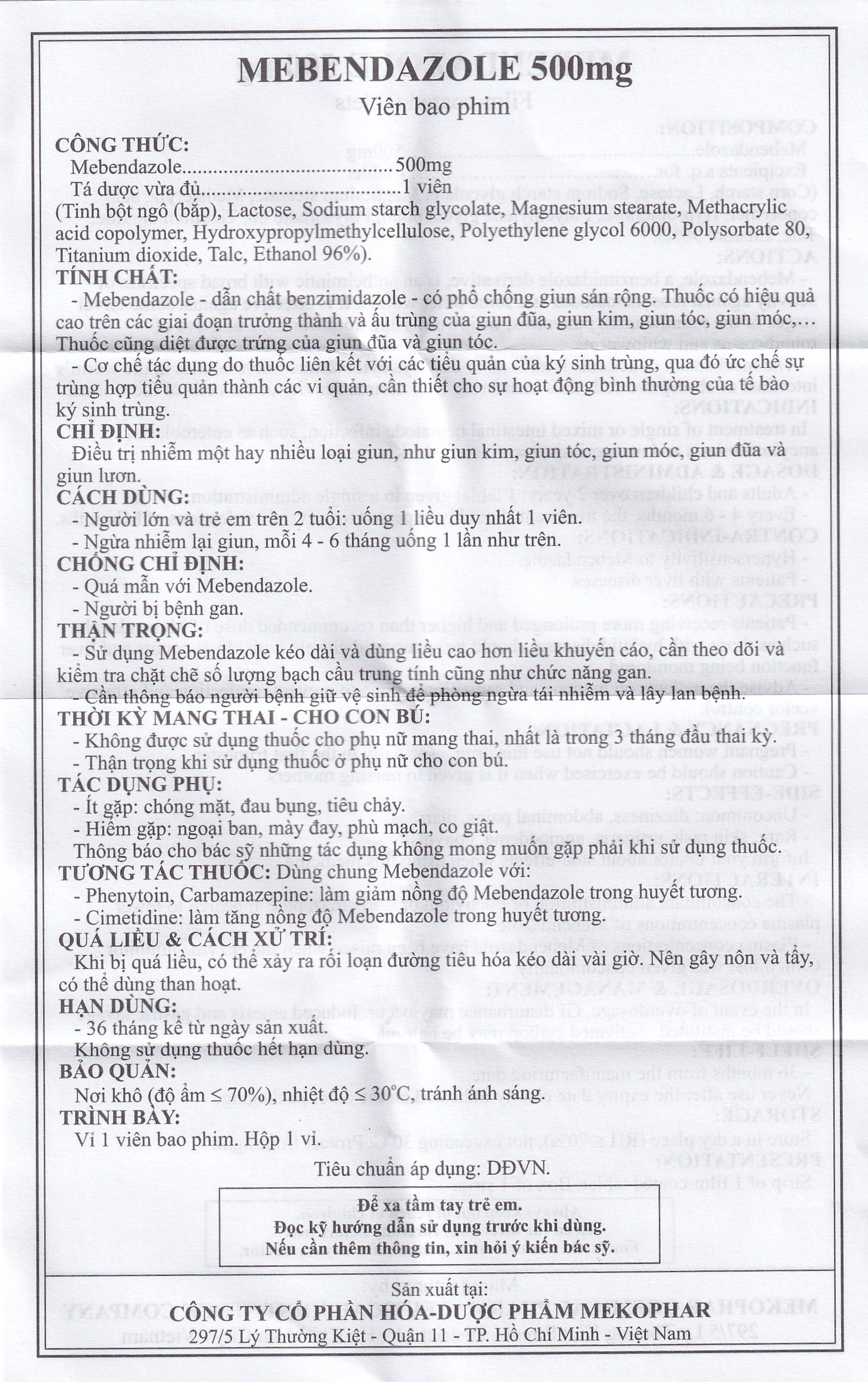 Viên nén Mebendazole 500mg Mekophar điều trị nhiễm một hay nhiều loại giun (1 viên)