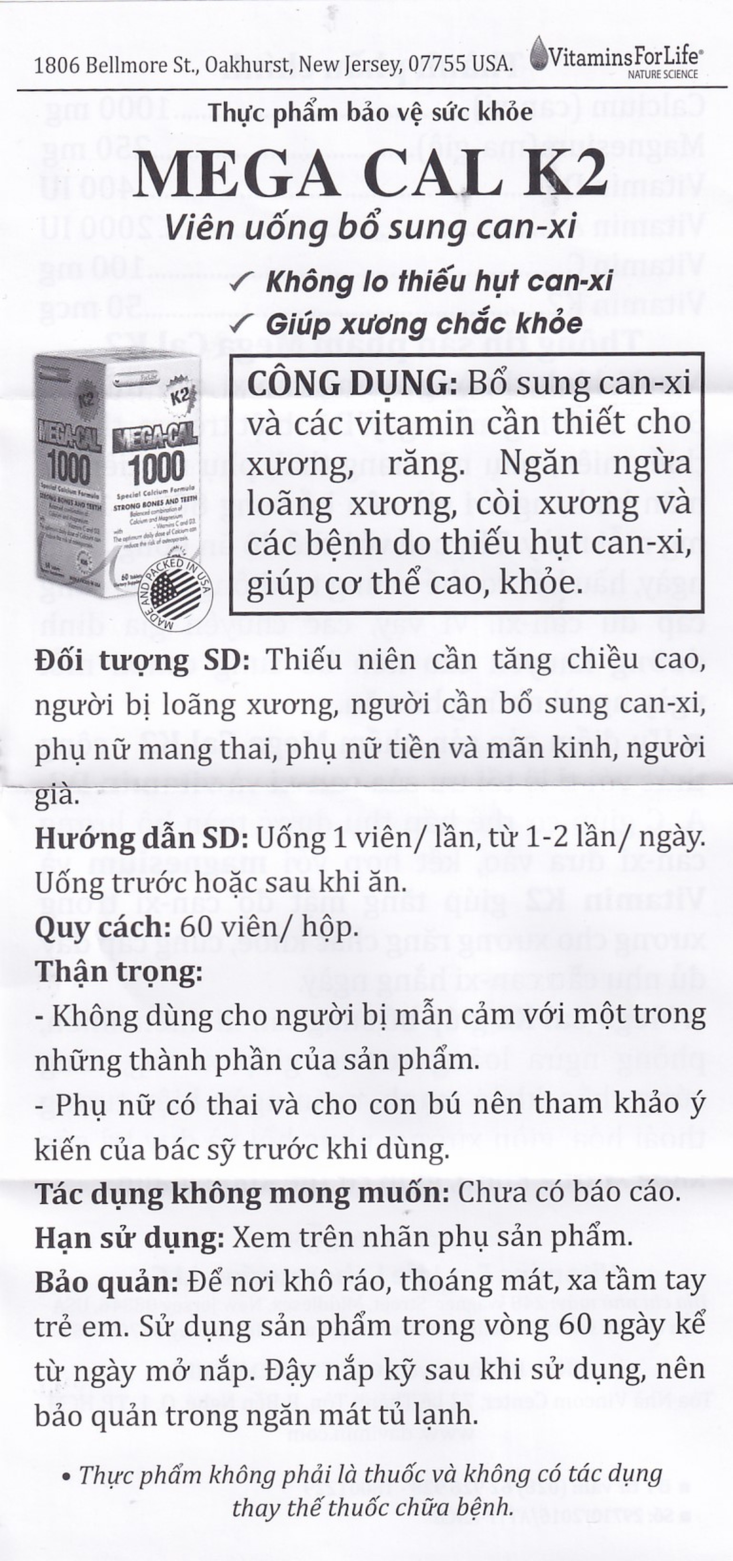 Viên uống Mega-Cal 1000 Vitamins For Life giúp bổ sung canxi, chống loãng xương (60 viên)