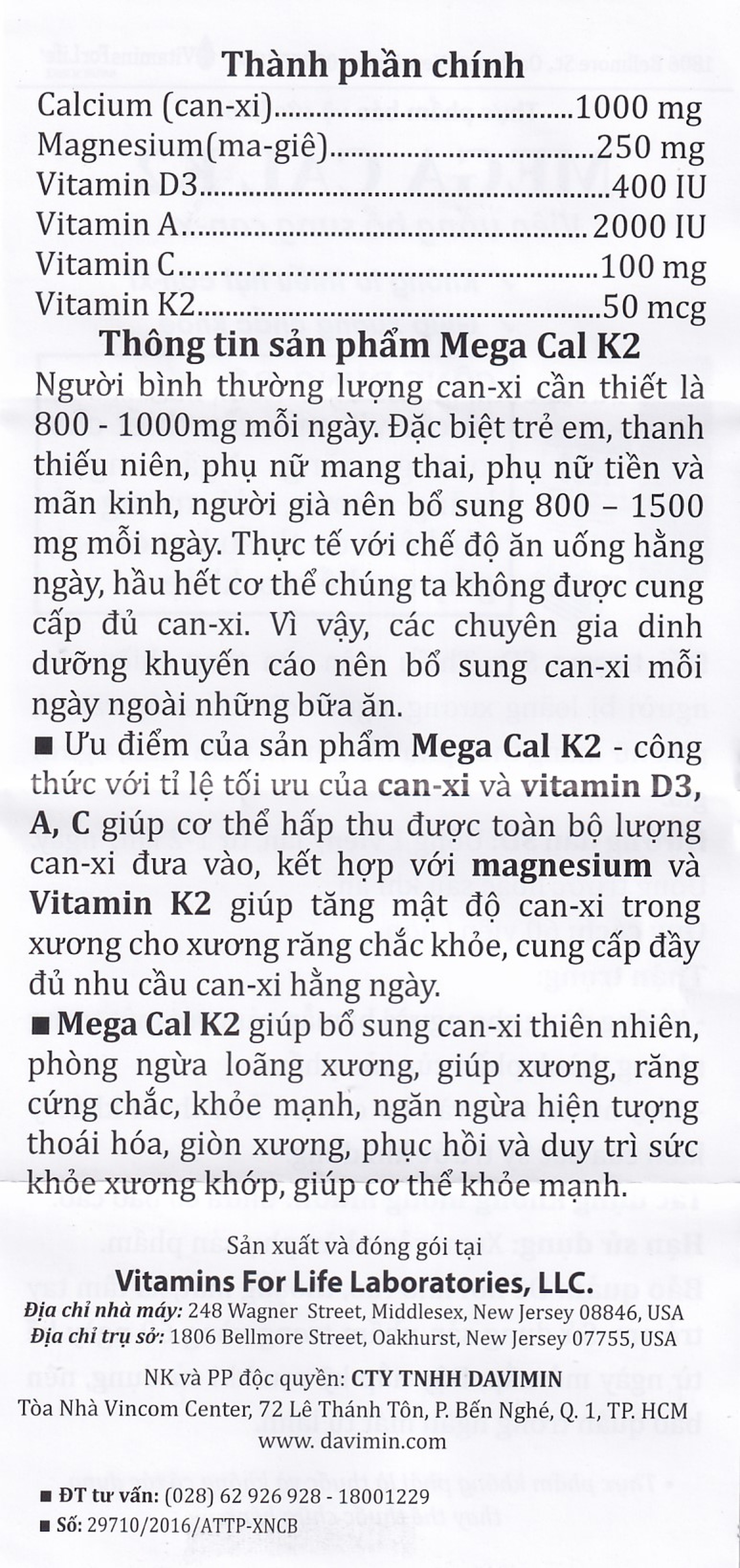 Viên uống Mega-Cal 1000 Vitamins For Life giúp bổ sung canxi, chống loãng xương (60 viên)