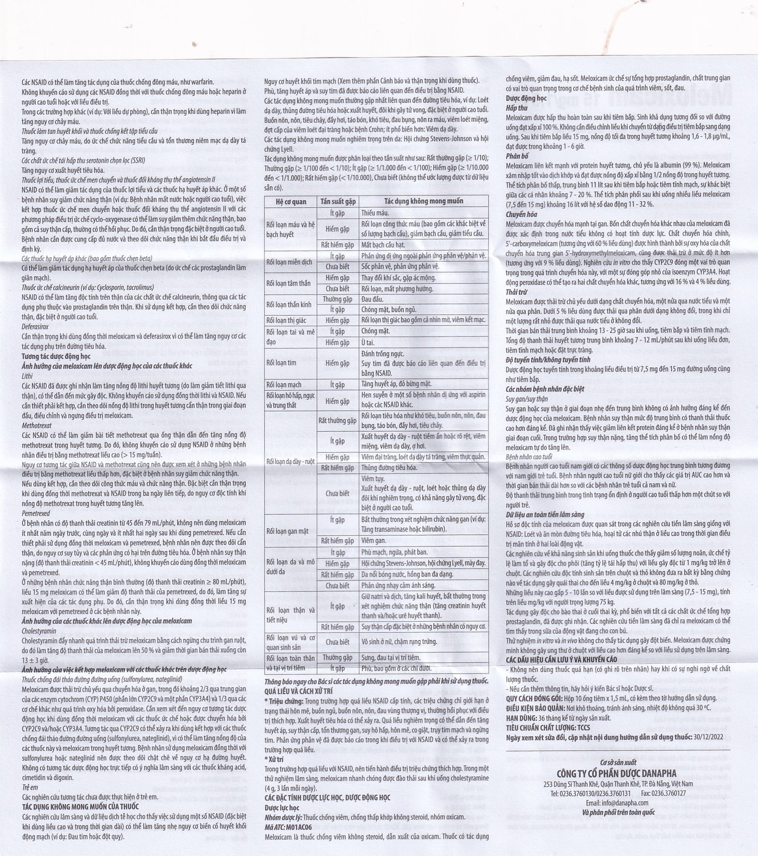 Dung dịch tiêm Meloxicam 15mg/1.5ml Danapha điều trị đau viêm xương khớp (10 ống)