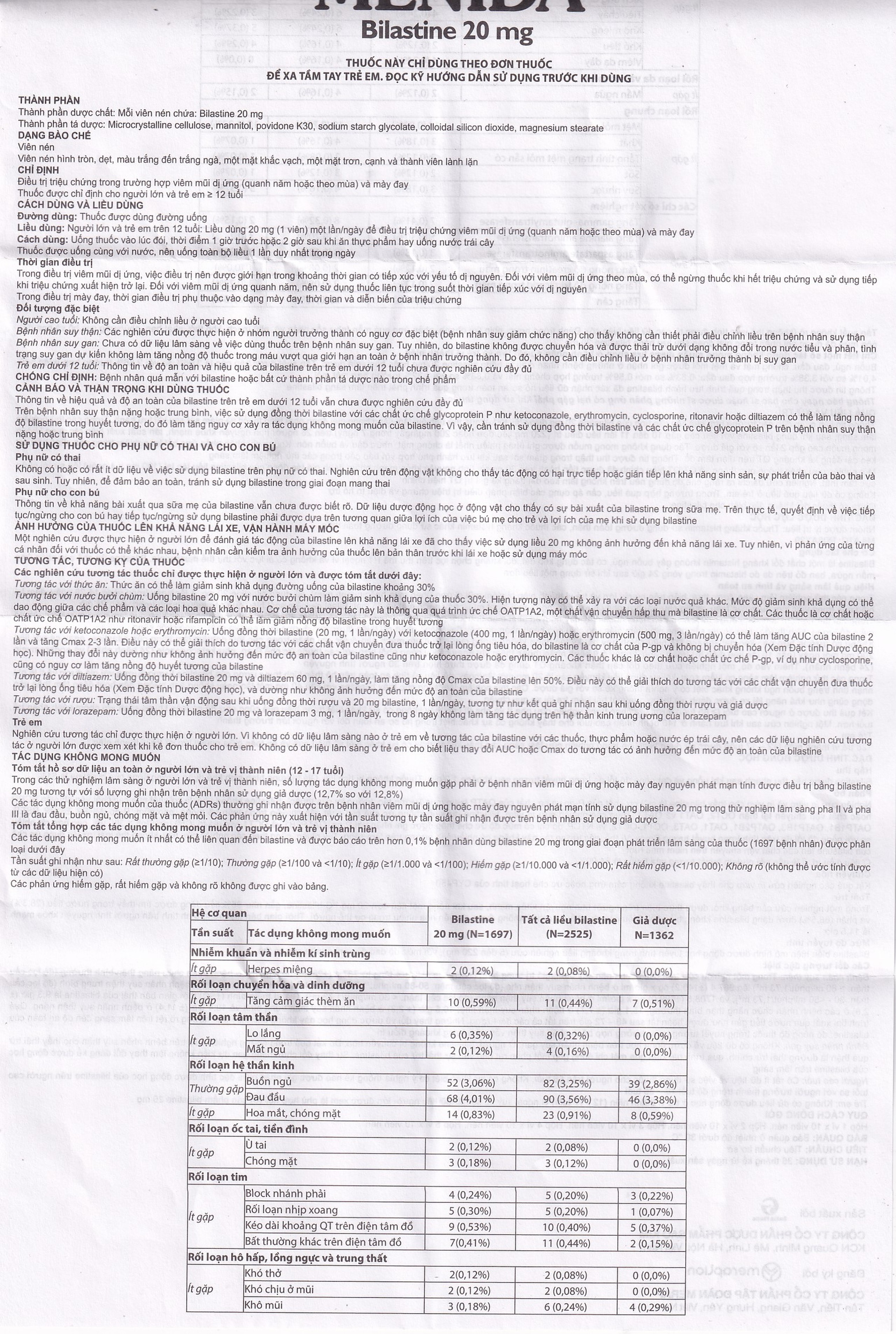 Thuốc Menida 20mg Merap điều trị viêm mũi dị ứng (2 vỉ x 10 viên)