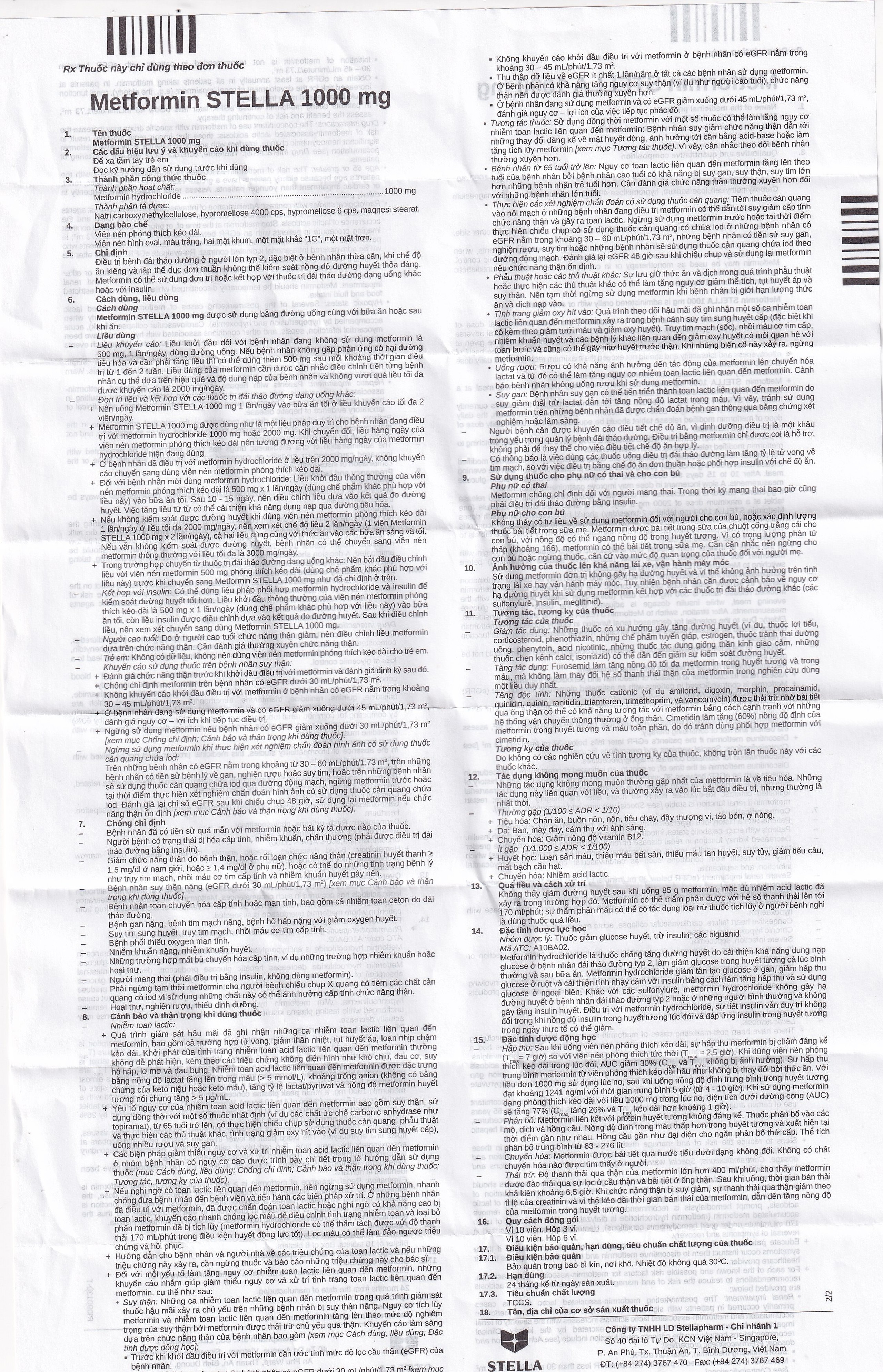 Thuốc Metformin Stella 1000mg điều trị đái tháo đường típ 2 (6 vỉ x 10 viên)