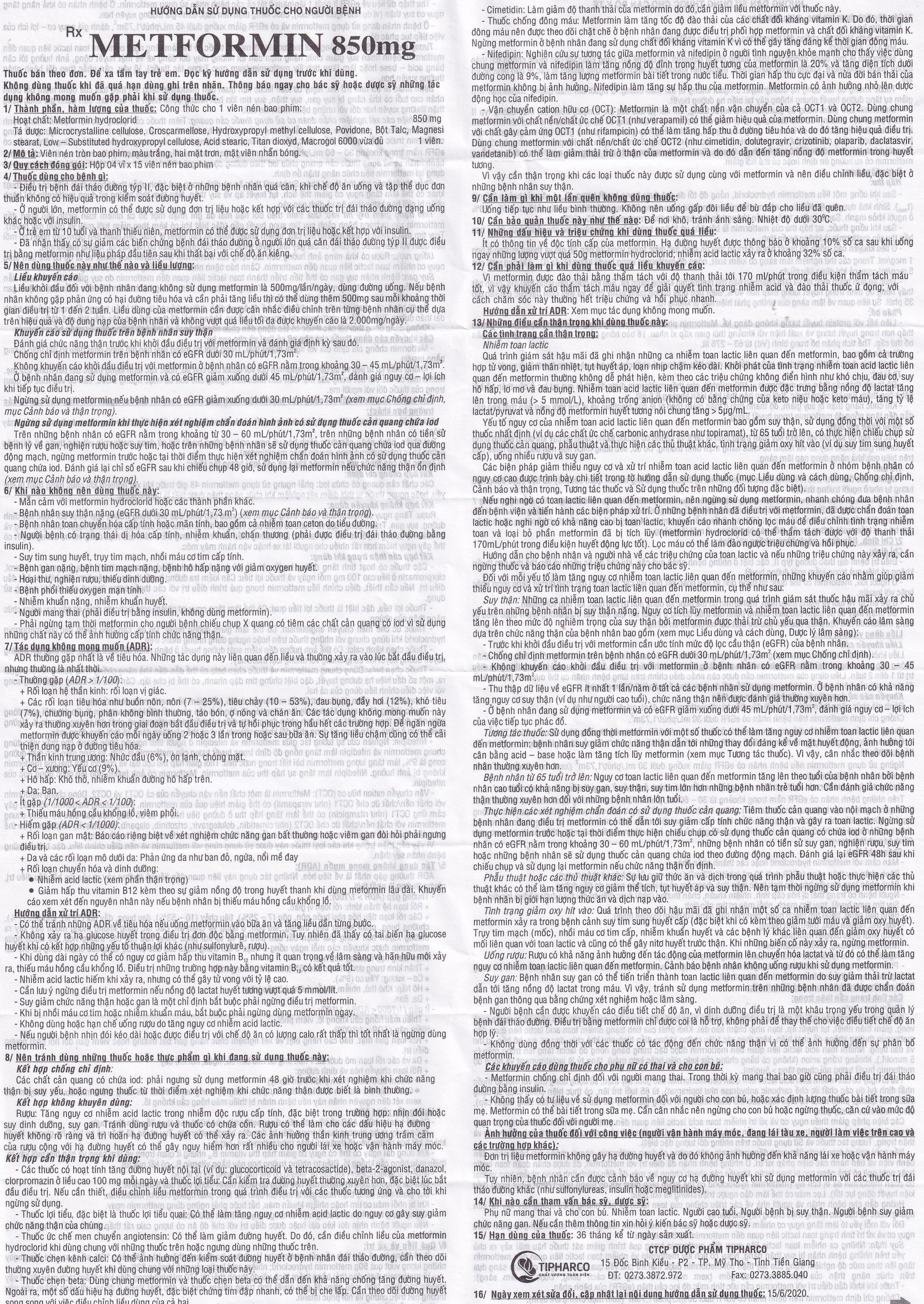 Viên nén Metformin 850mg Tipharco điều trị đái tháo đường không phụ thuộc insulin típ 2 (4 vỉ x 15 viên) 