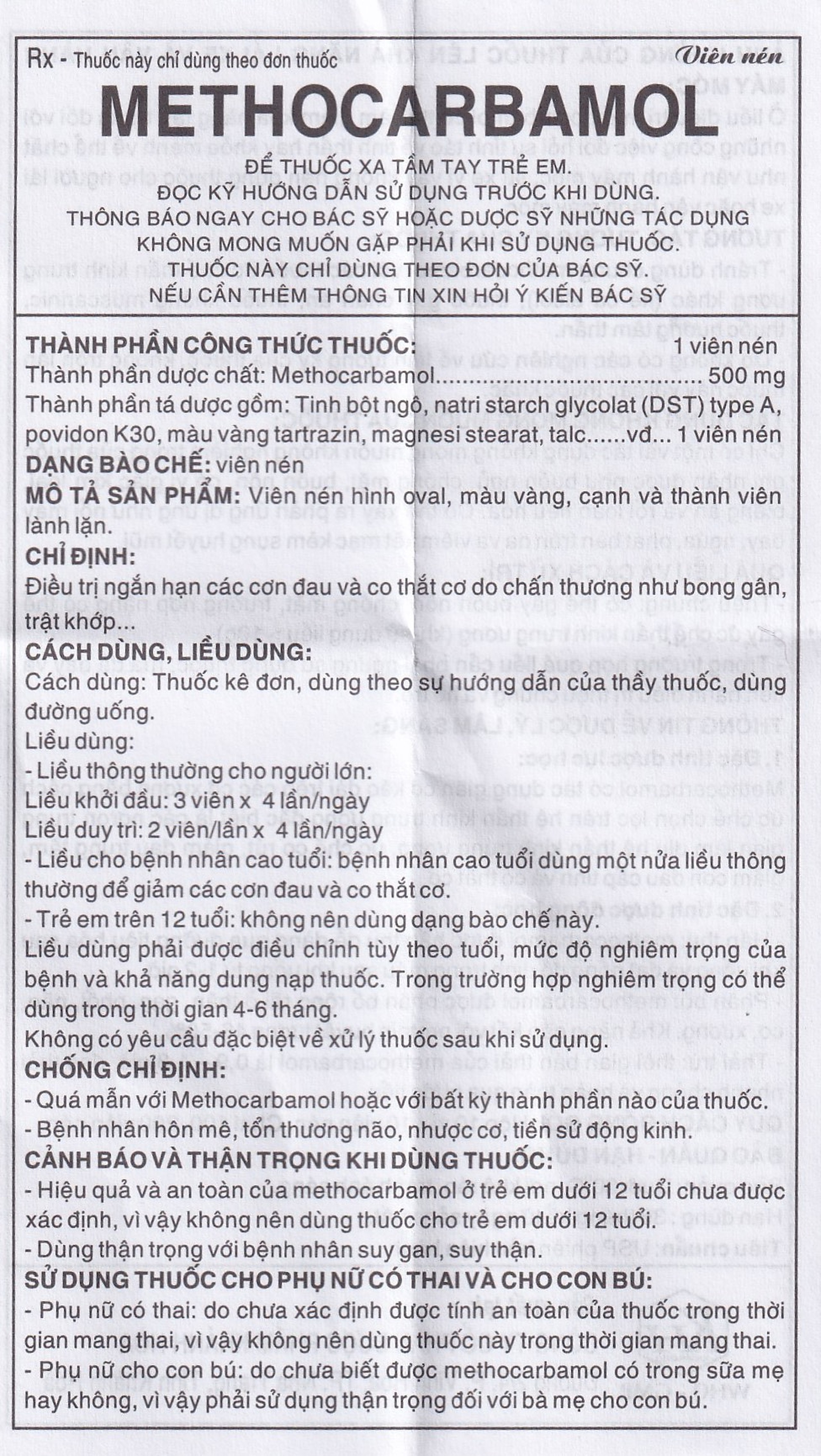 Viên nén Methocarbamol 500mg Khapharco điều trị ngắn hạn cơn đau, co thắt cơ, bong gân (10 vỉ x 10 viên)