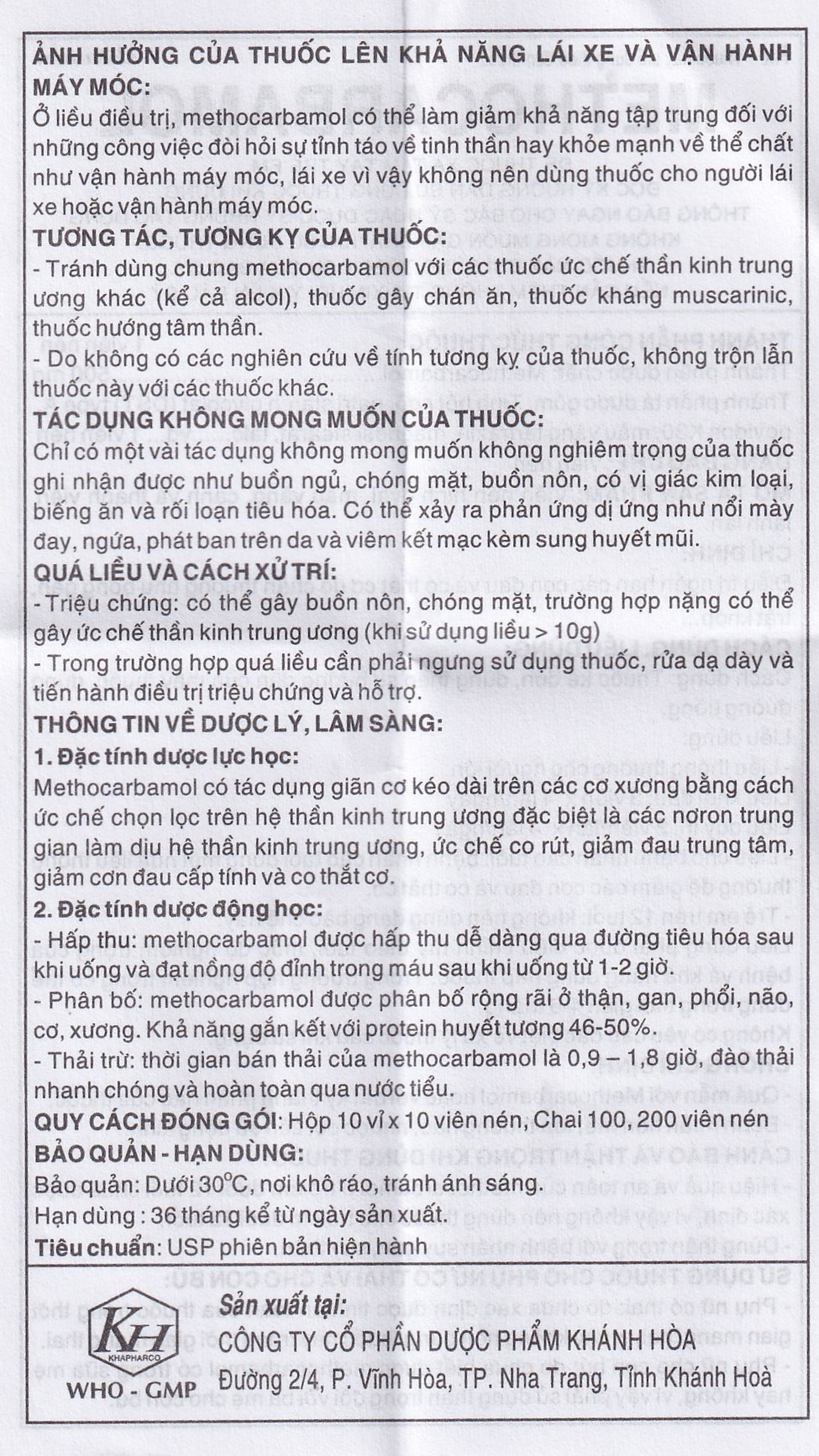 Viên nén Methocarbamol 500mg Khapharco điều trị ngắn hạn cơn đau, co thắt cơ, bong gân (10 vỉ x 10 viên)