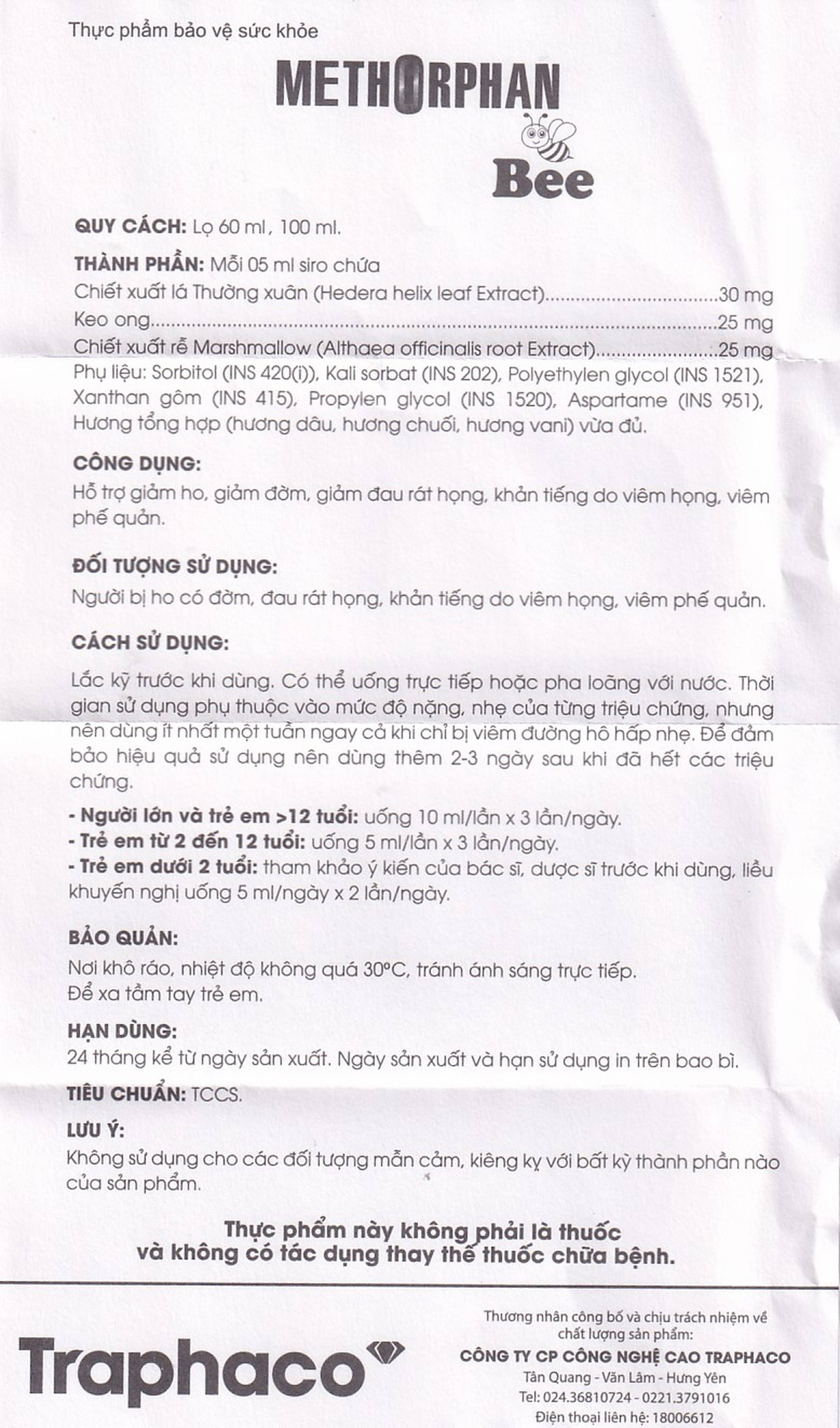 Siro Methorphan Bee Traphaco hỗ trợ giảm ho, giảm đờm, viêm họng (100ml)