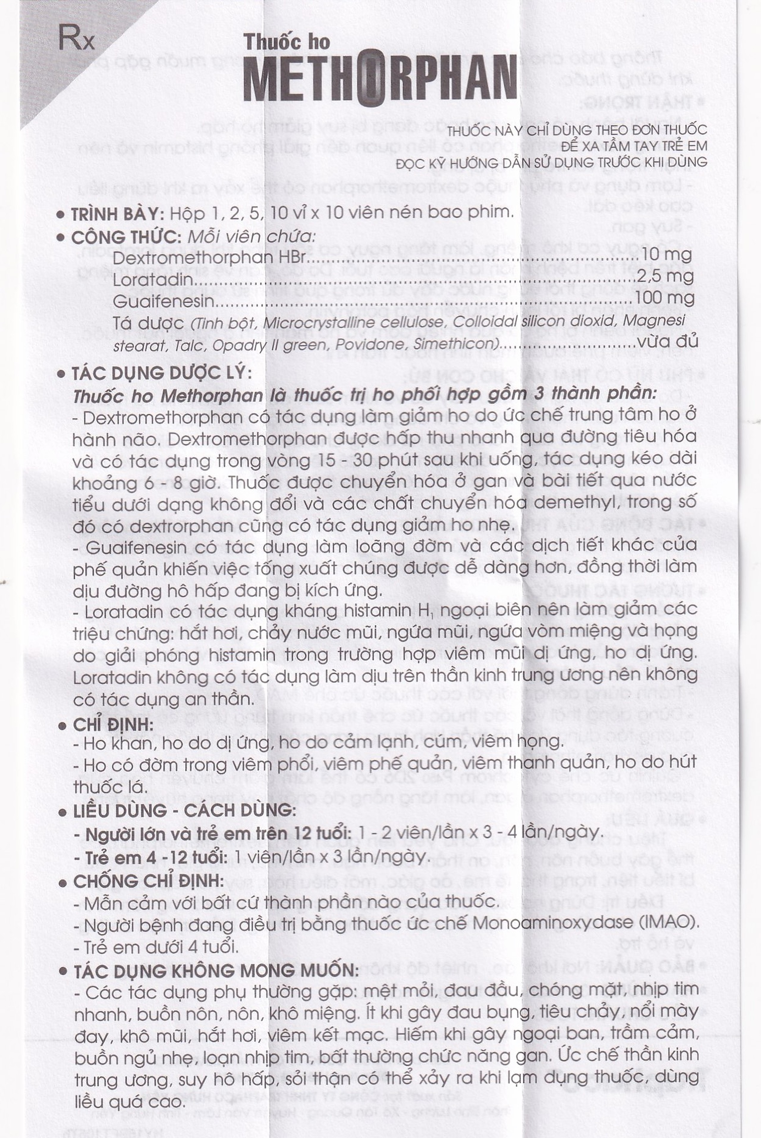 Thuốc ho Methorphan Traphaco cắt cơn ho, điều trị long đờm, chống dị ứng (2 vỉ x 10 viên)