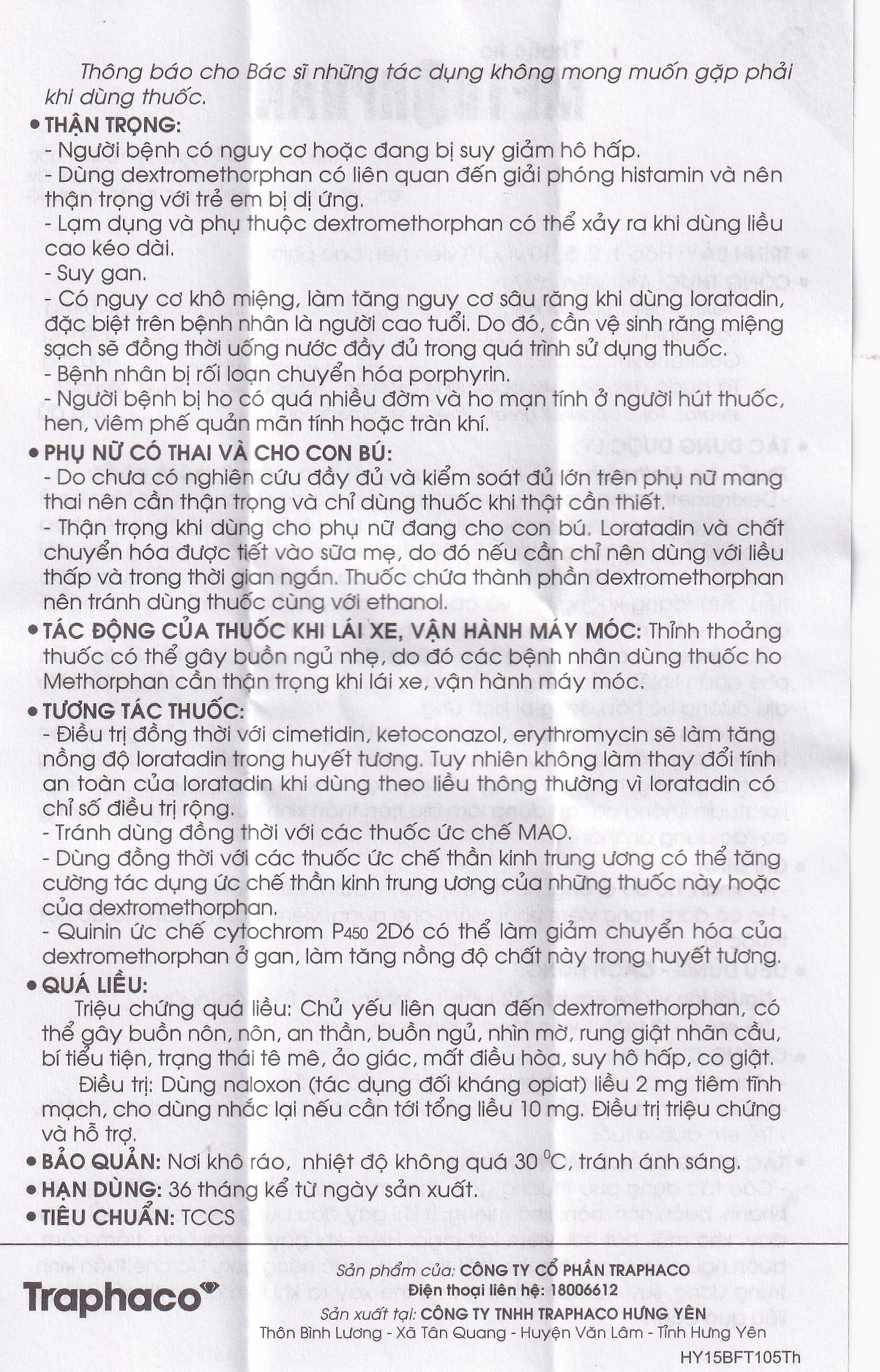 Thuốc ho Methorphan Traphaco cắt cơn ho, điều trị long đờm, chống dị ứng (2 vỉ x 10 viên)