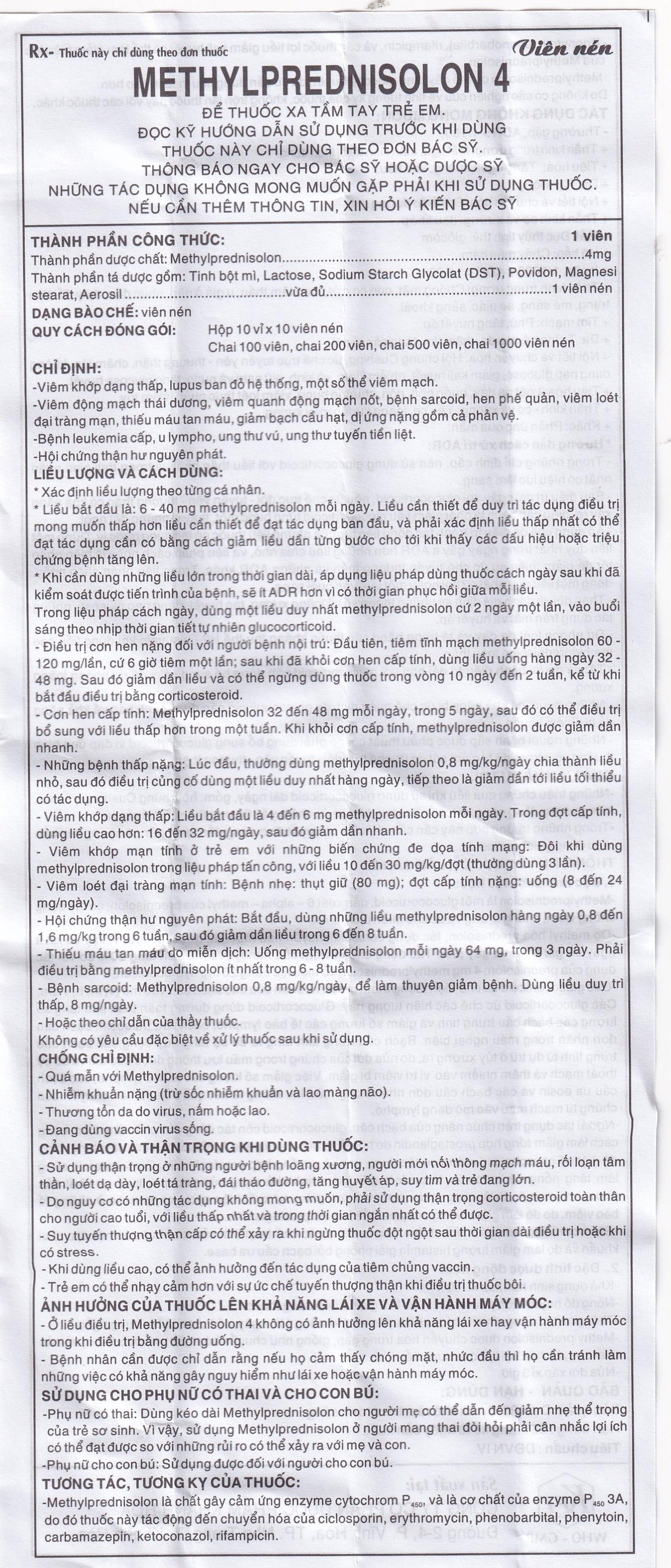 Thuốc Methylprednisolon 4 Khapharco kháng viêm, điều trị viêm khớp dạng thấp, lupus ban đỏ hệ thống (10 vỉ x 10 viên)