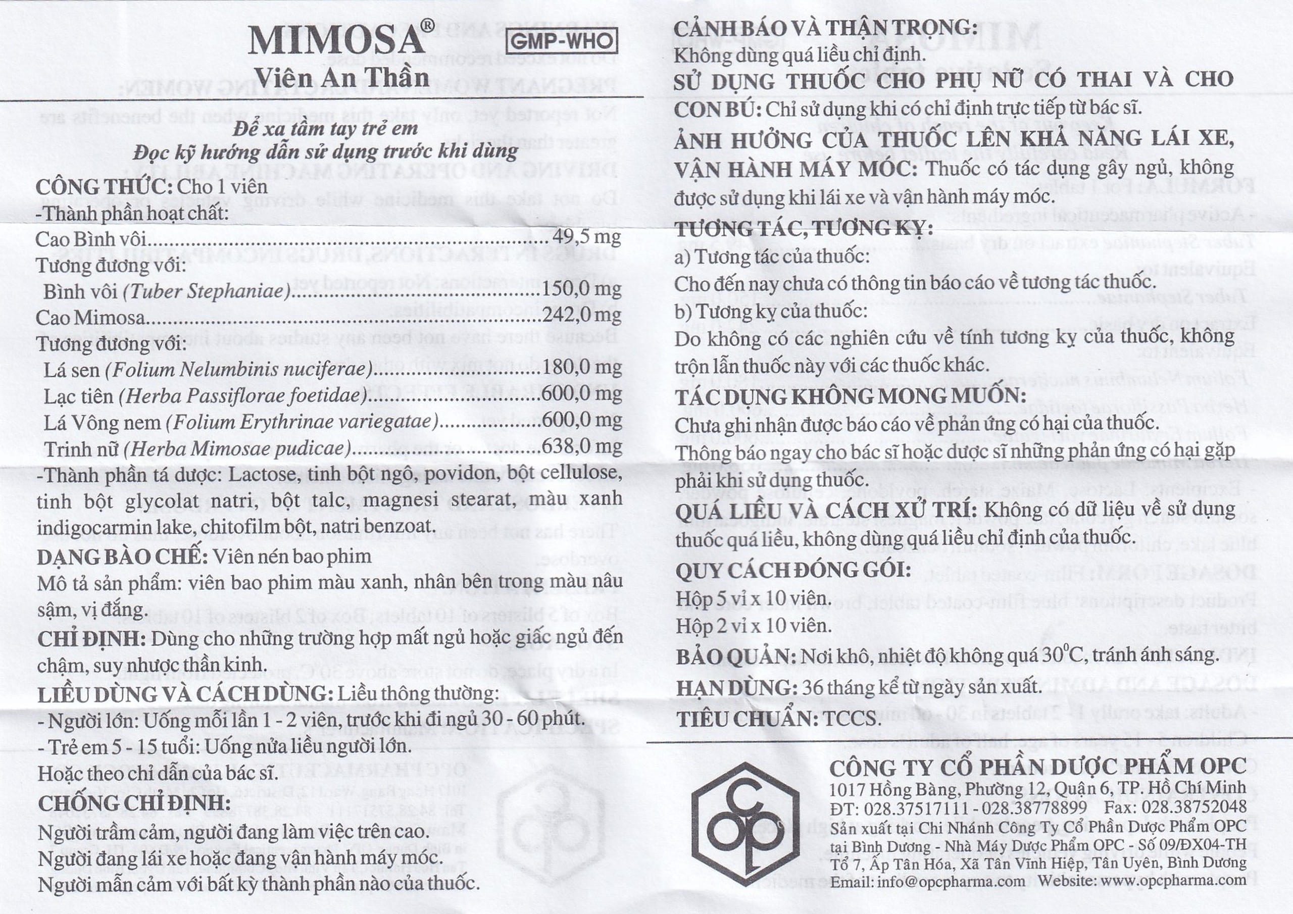 Viên an thần Mimosa OPC dùng cho trường hợp mất ngủ, suy nhược thần kinh (5 vỉ x 10 viên)