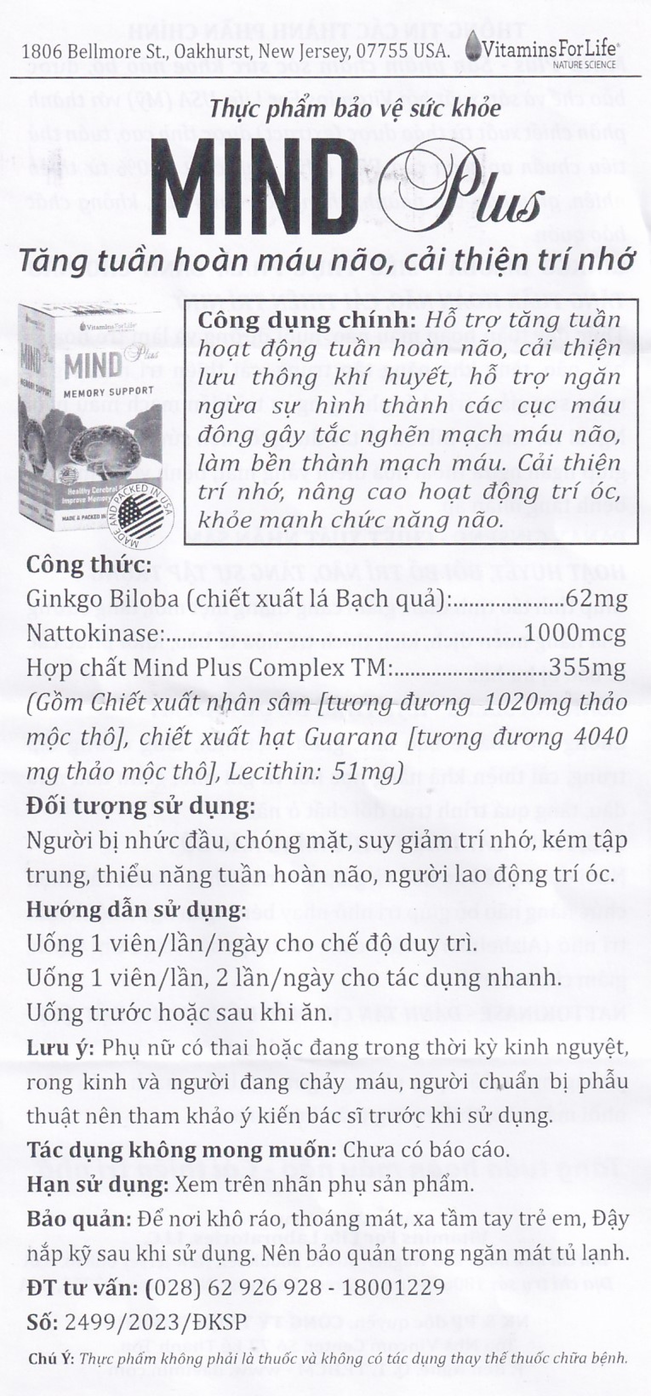 Viên uống hỗ trợ tăng tuần hoàn não, cải thiện trí nhớ Mind Plus Vitamins For Life (30 viên)