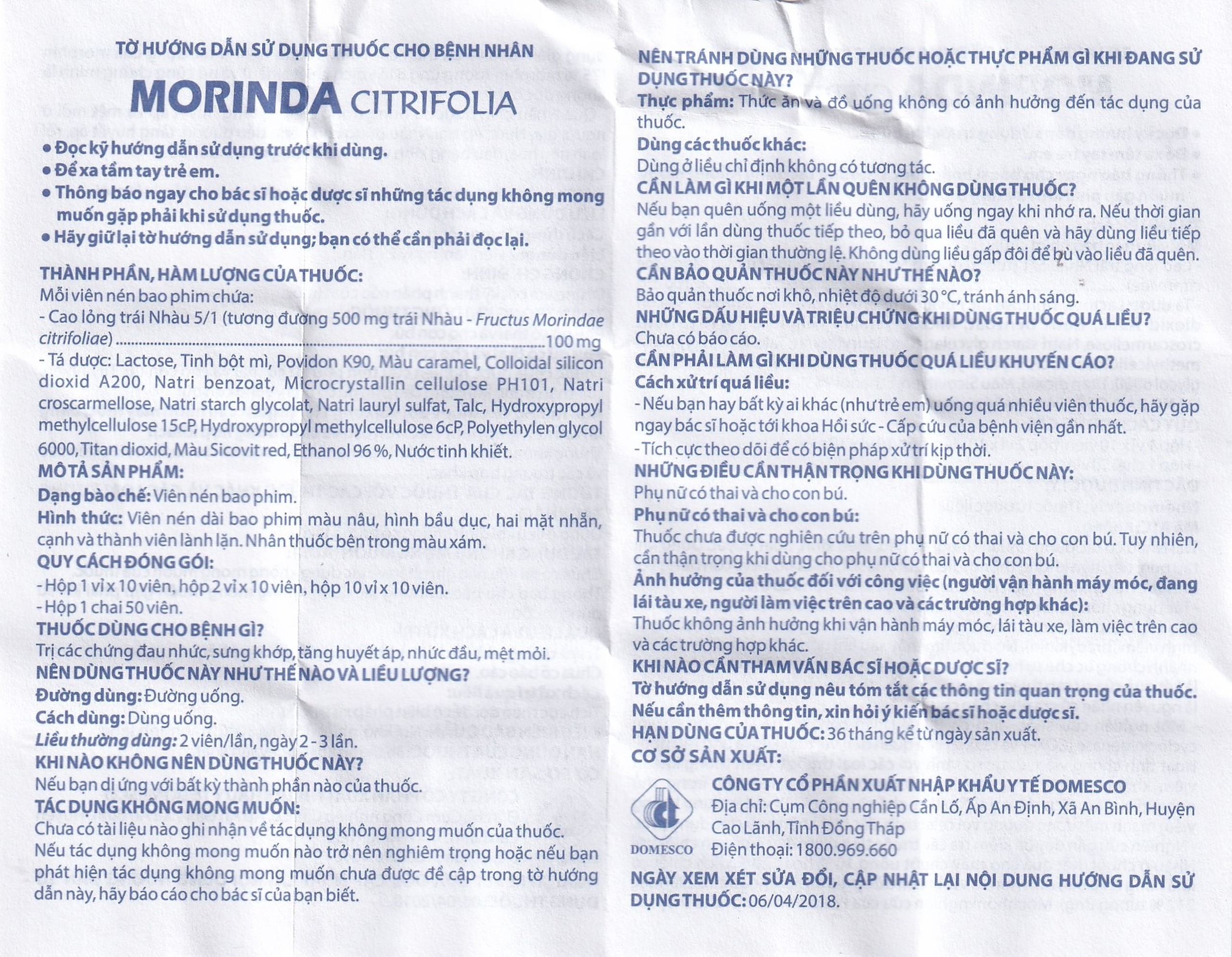 Thuốc Morinda Citrifolia Domesco điều trị đau nhức, sưng khớp, tăng huyết áp (50 viên) 