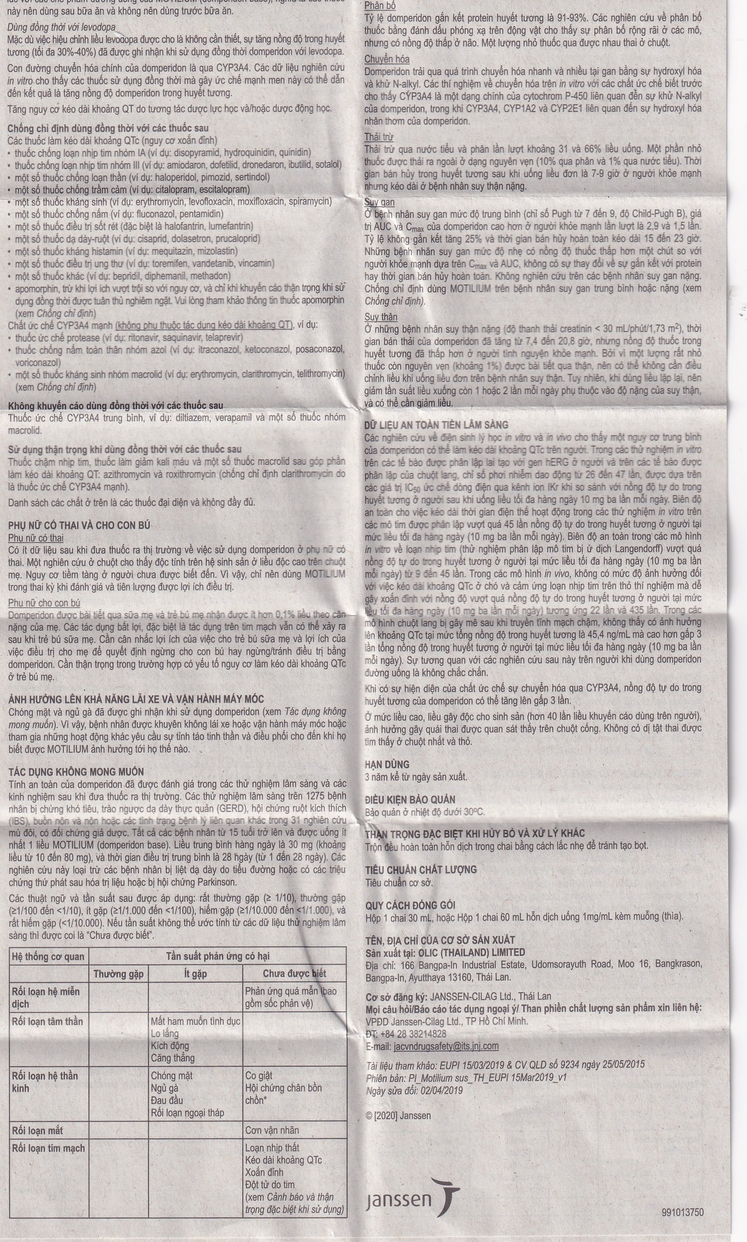 Hỗn dịch uống Motilium Janssen điều trị triệu chứng nôn và buồn nôn (60ml)