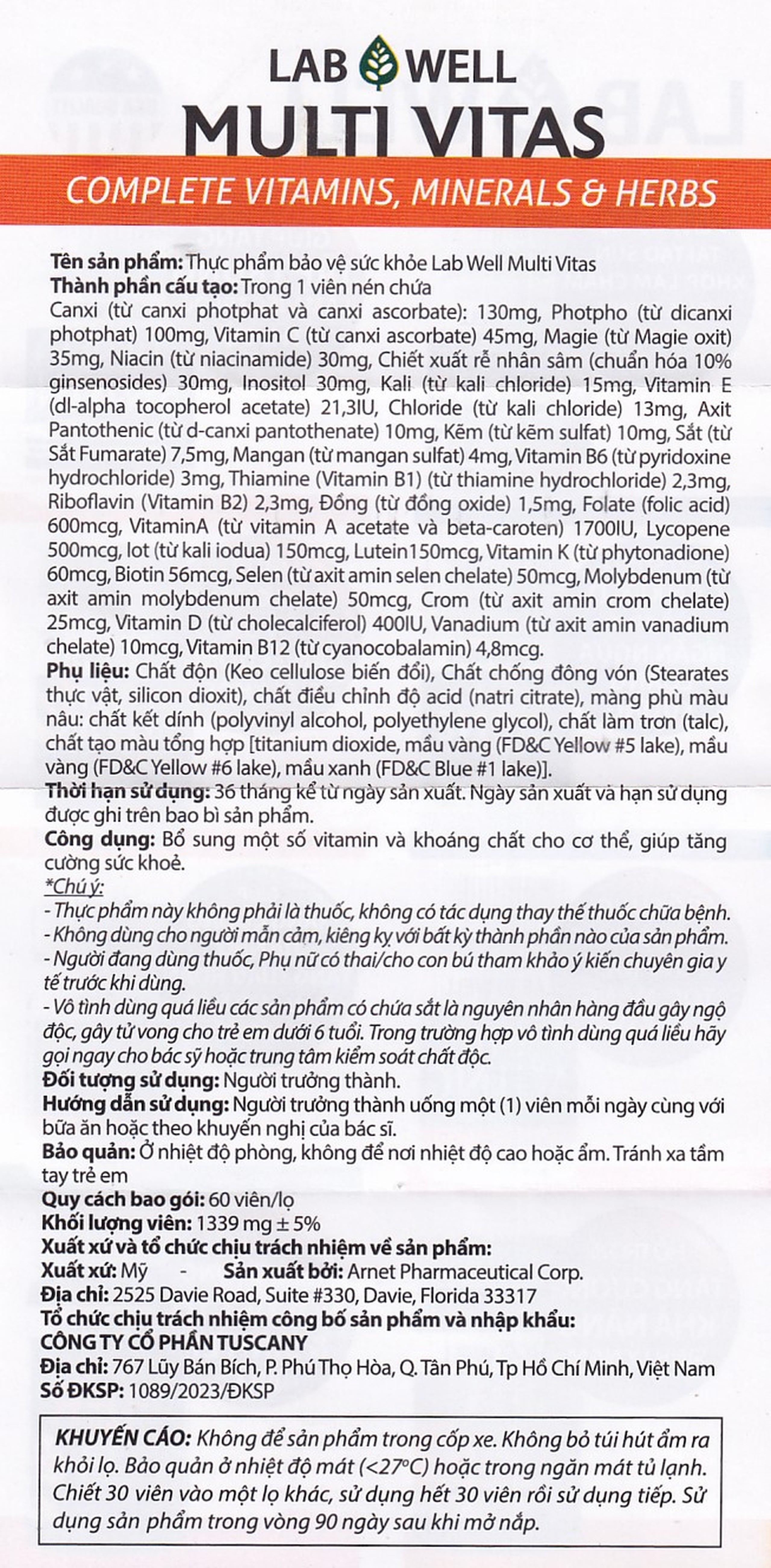 Viên uống bổ sung vitamin và khoáng chất cho cơ thể Multi Vitas Lab Well (60 viên)