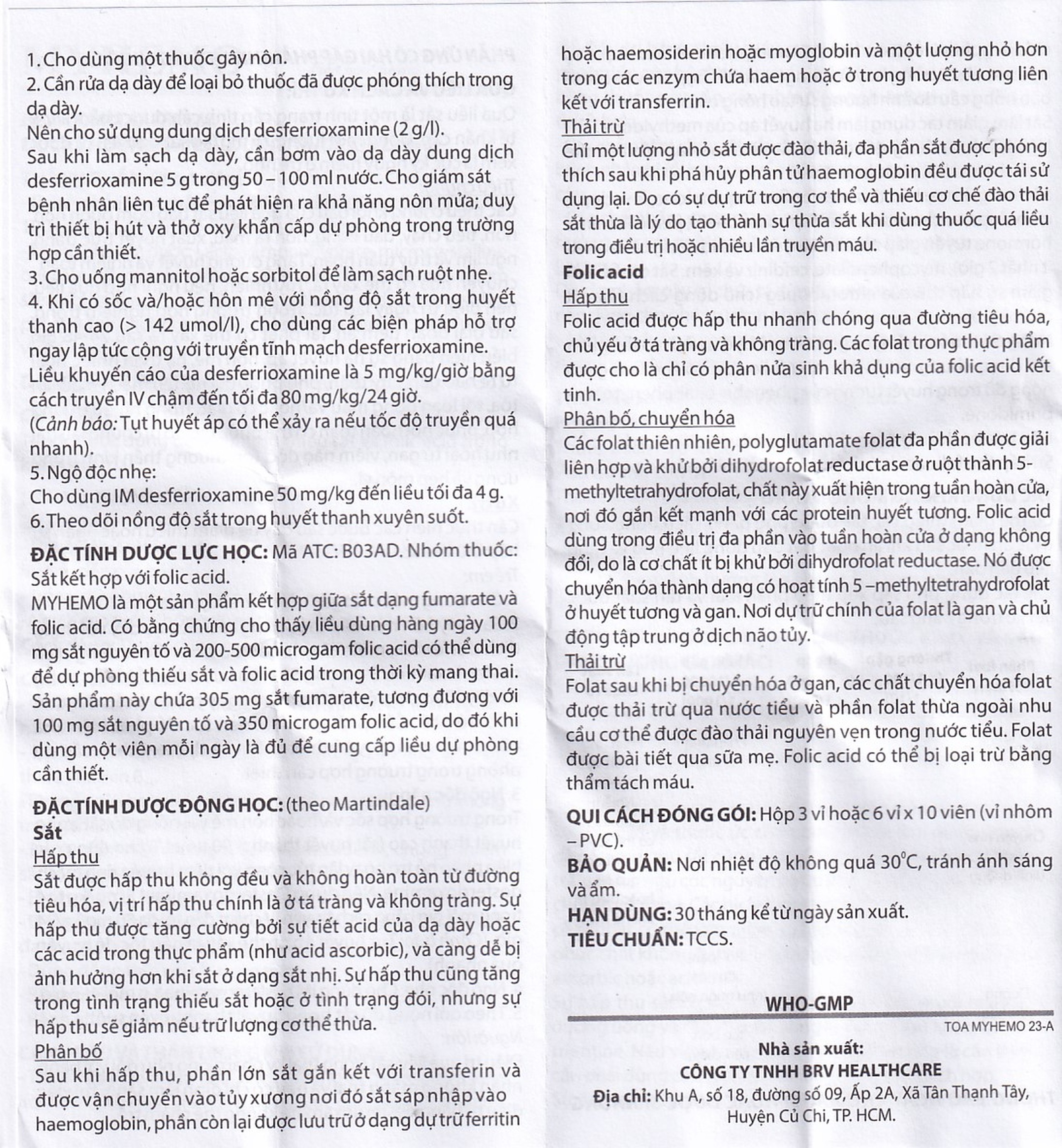 Thuốc Myhemo BRV điều trị dự phòng thiếu sắt và folic acid trong khi mang thai (3 vỉ x 10 viên)